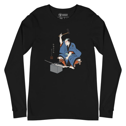 Samurai Blacksmith Swords Japanese Ukiyo-e Unisex Long Sleeve Tee - Black / S