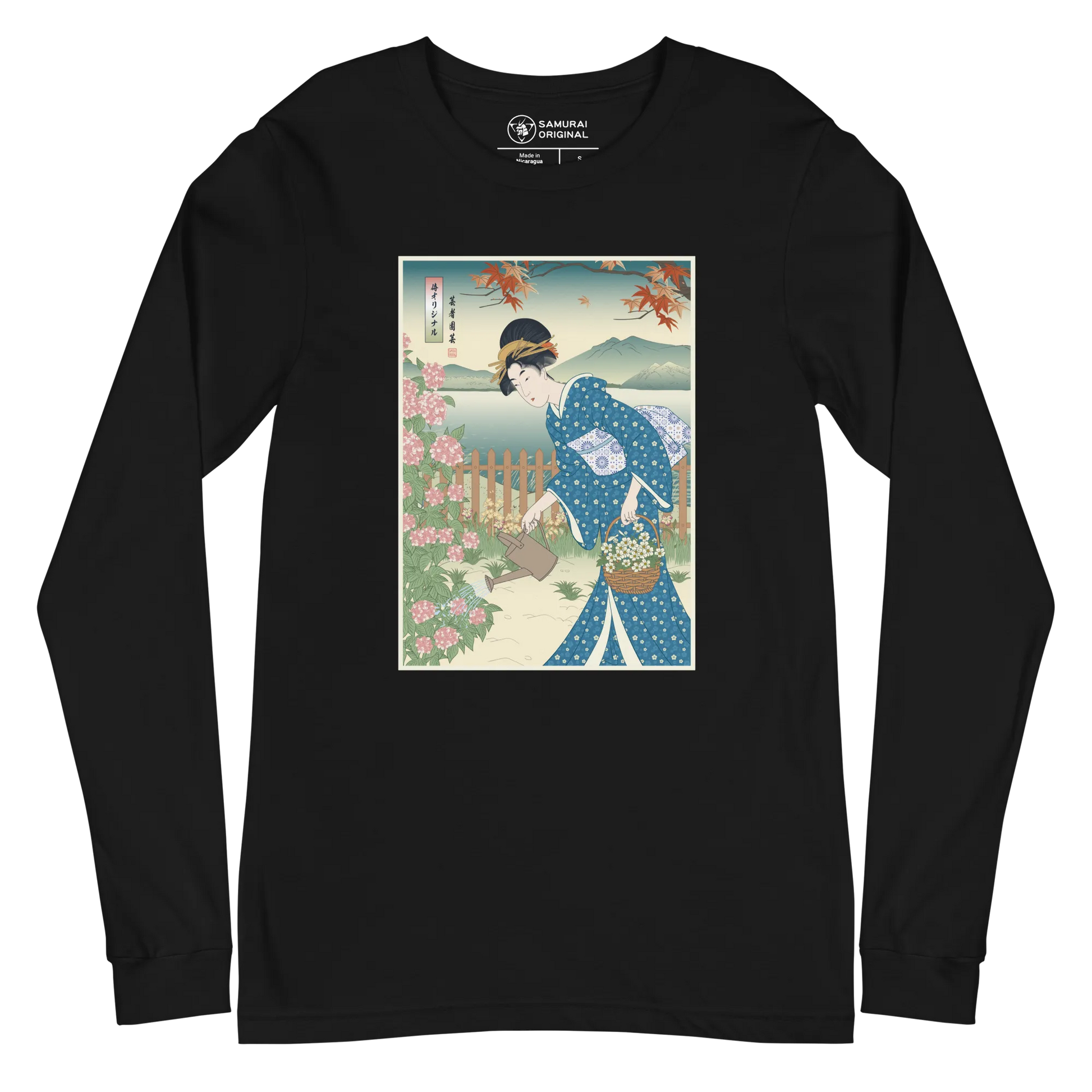 Geisha Gardening Japanese Ukiyo-e Unisex Long Sleeve Tee 3 - Black / S