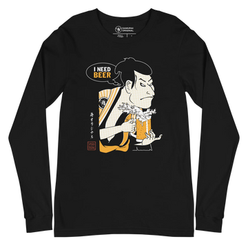 Samurai and Beer I Need Beer Japanese Ukiyo-e Unisex Long Sleeve Tee - Samurai Original