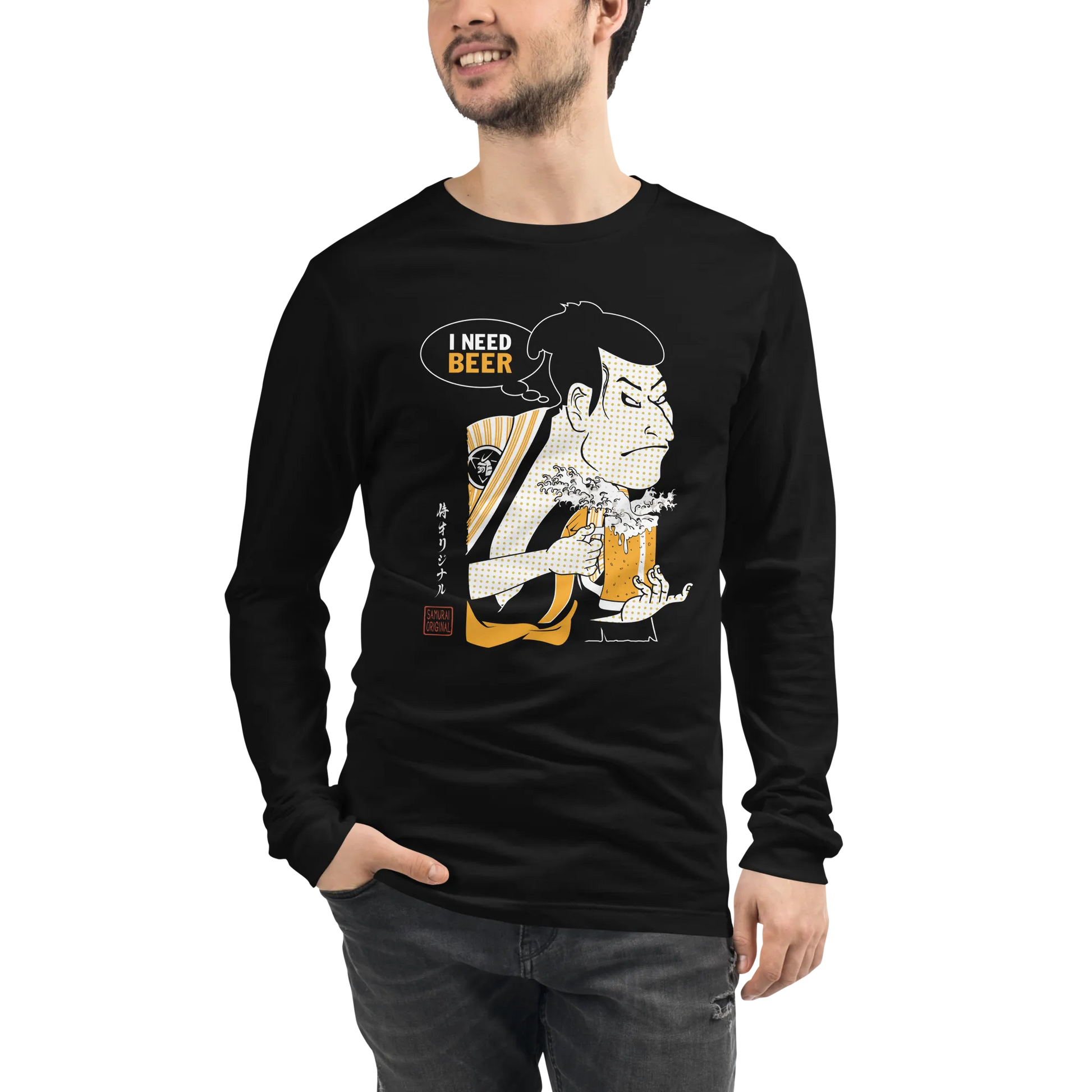 Samurai and Beer I Need Beer Japanese Ukiyo-e Unisex Long Sleeve Tee - Samurai Original