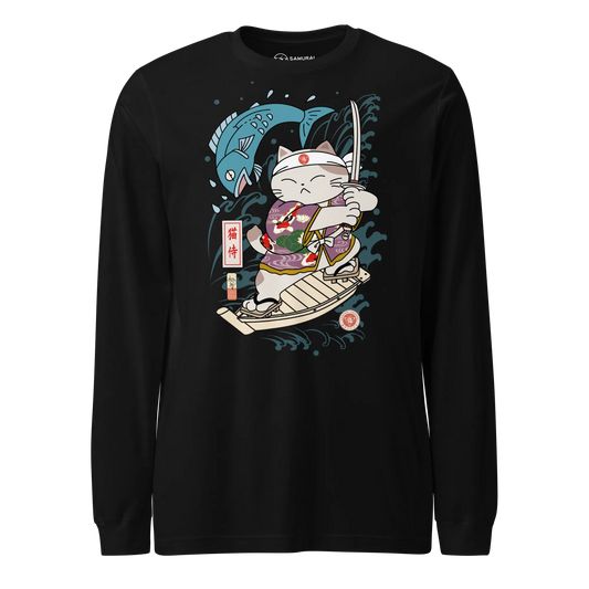 Samurai Cat Love Fish 2 Ukiyo-e Funny Unisex Long Sleeve Tee