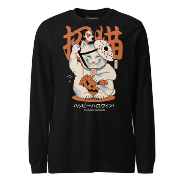 Halloween Cat Maneki Neko & Jason Voorhees Mask Unisex Long Sleeve Tee