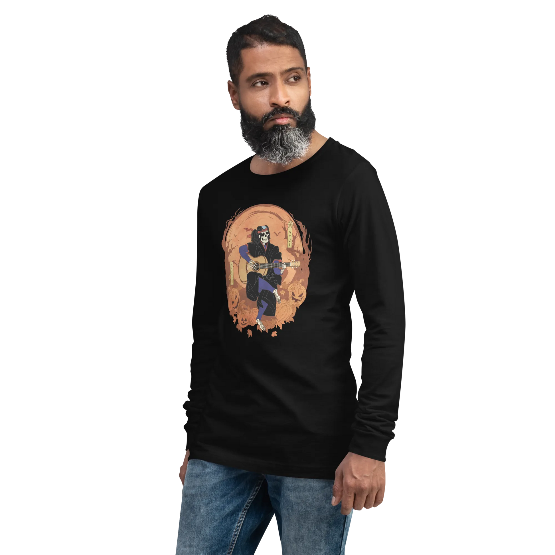 Halloween Skeleton Play Guitar Japanese Ukiyo-e Unisex Long Sleeve Tee -