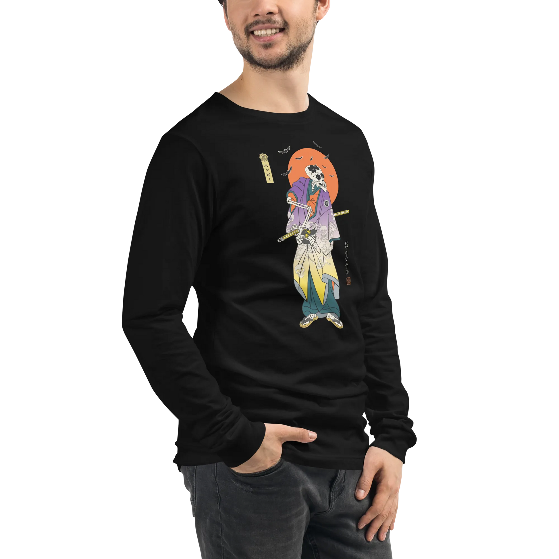 Halloween Samurai Skeleton Japanese Ukiyo-e Unisex Long Sleeve Tee -