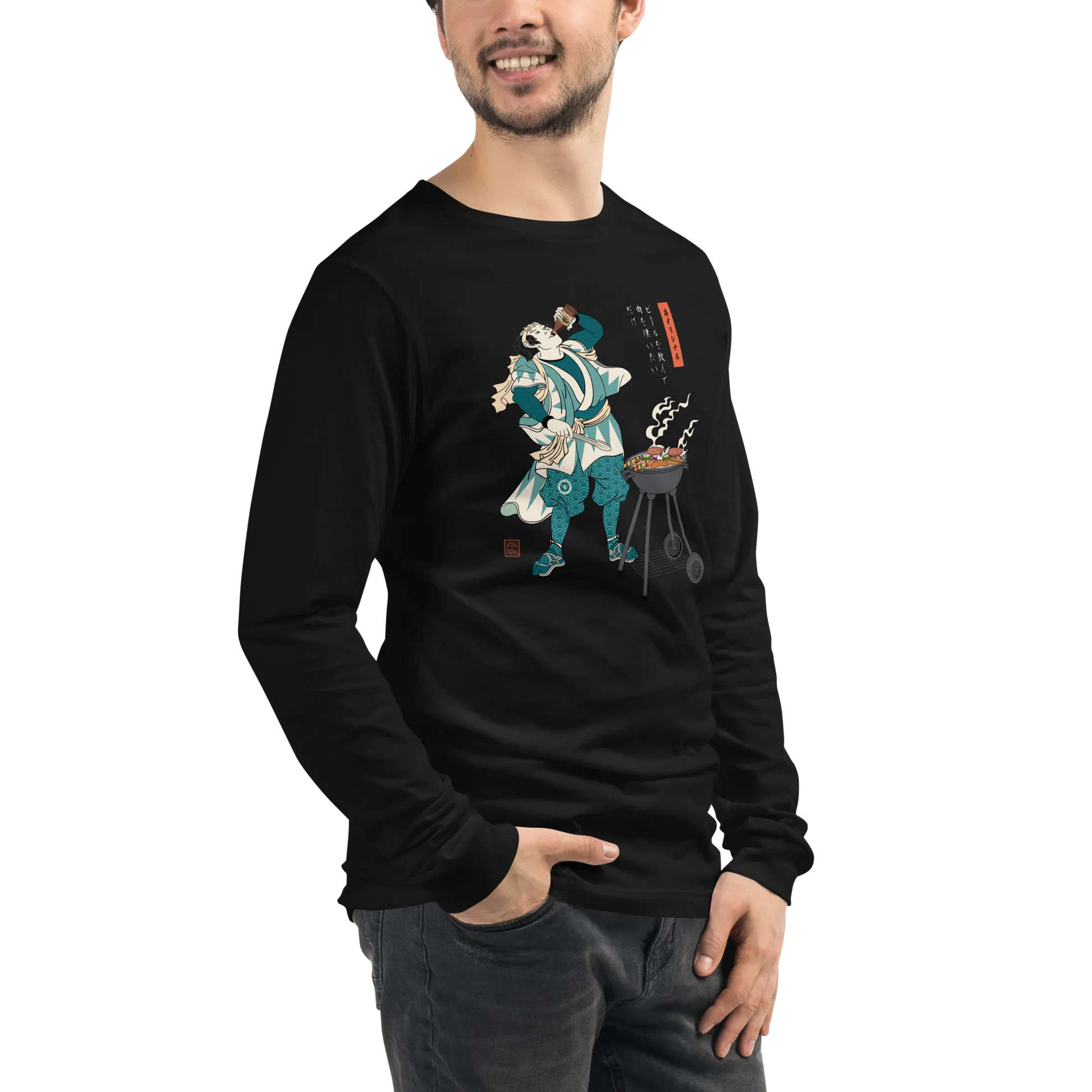 Samurai Beer and BBQ Japanese Ukiyo-e Unisex Long Sleeve Tee -