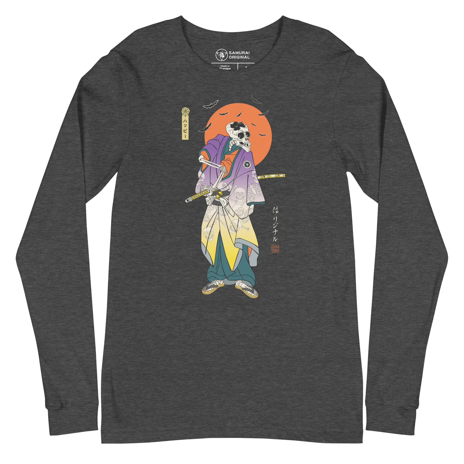 Halloween Samurai Skeleton Japanese Ukiyo-e Unisex Long Sleeve Tee - Dark Grey Heather / S