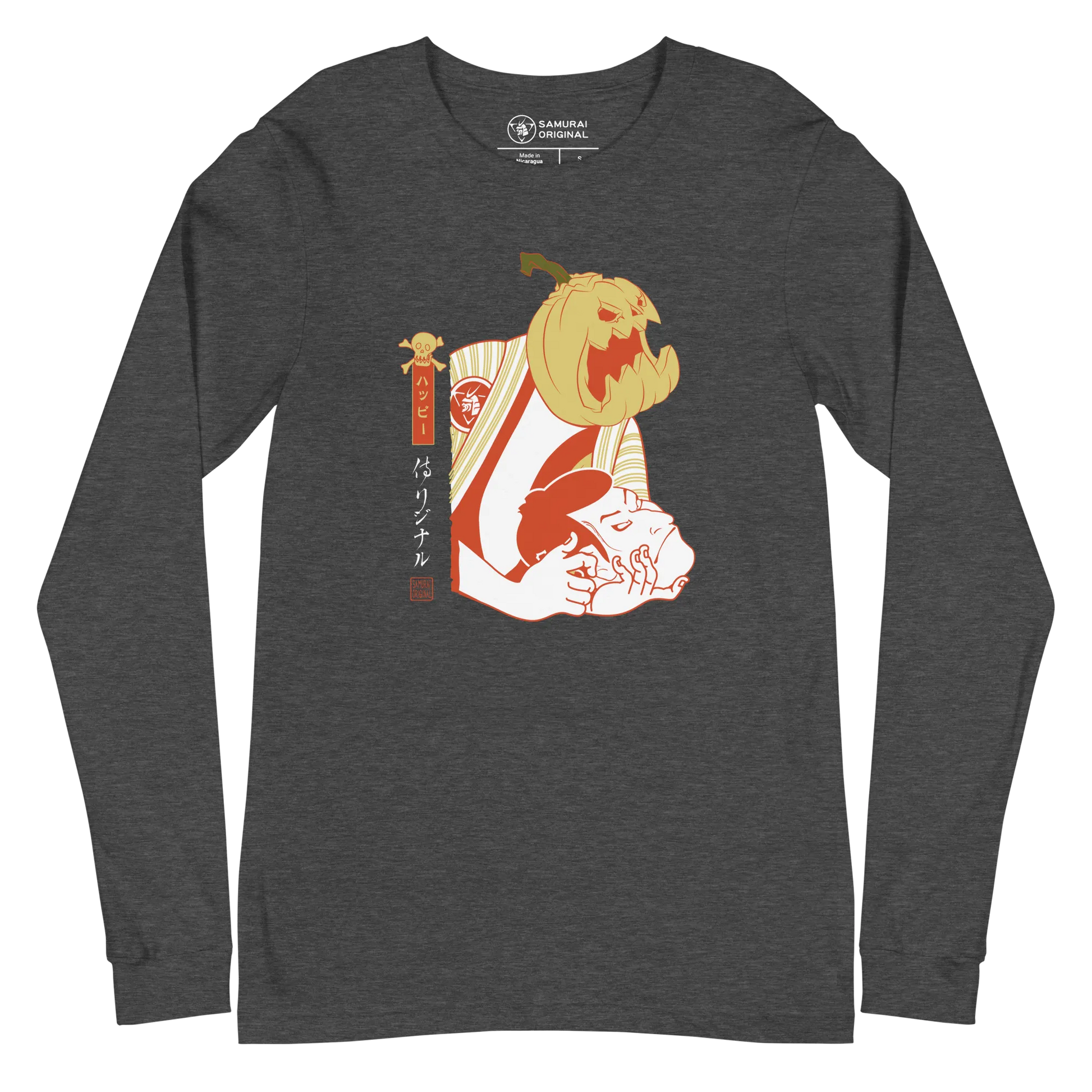 Halloween Pumpkin Japanese Ukiyo-e Unisex Long Sleeve Tee - Dark Grey Heather / S