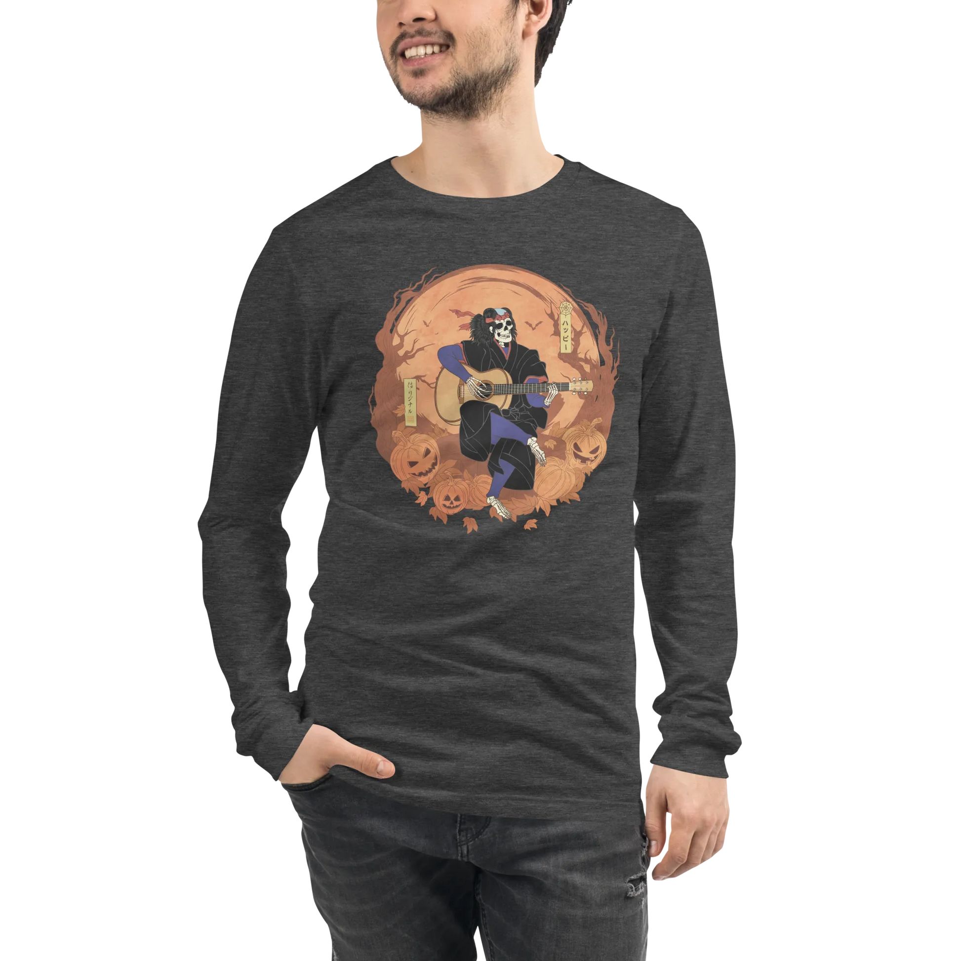 Halloween Skeleton Play Guitar Japanese Ukiyo-e Unisex Long Sleeve Tee -