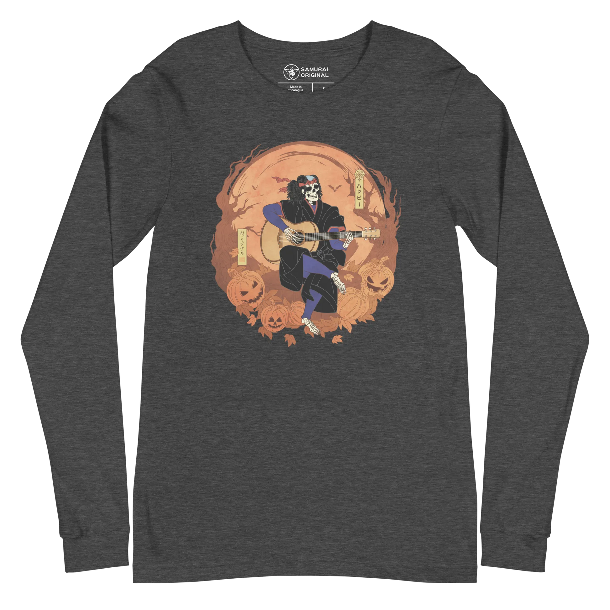 Halloween Skeleton Play Guitar Japanese Ukiyo-e Unisex Long Sleeve Tee - Dark Grey Heather / S