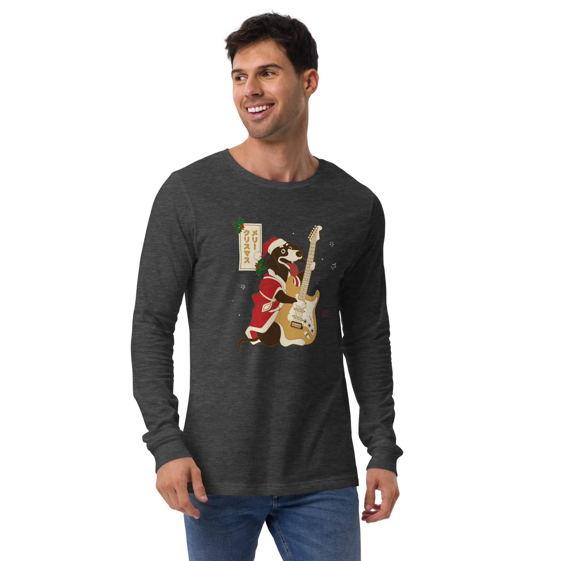 Dachshund Play Guitar Christmas Japanese Ukiyo-e Unisex Long Sleeve Tee -