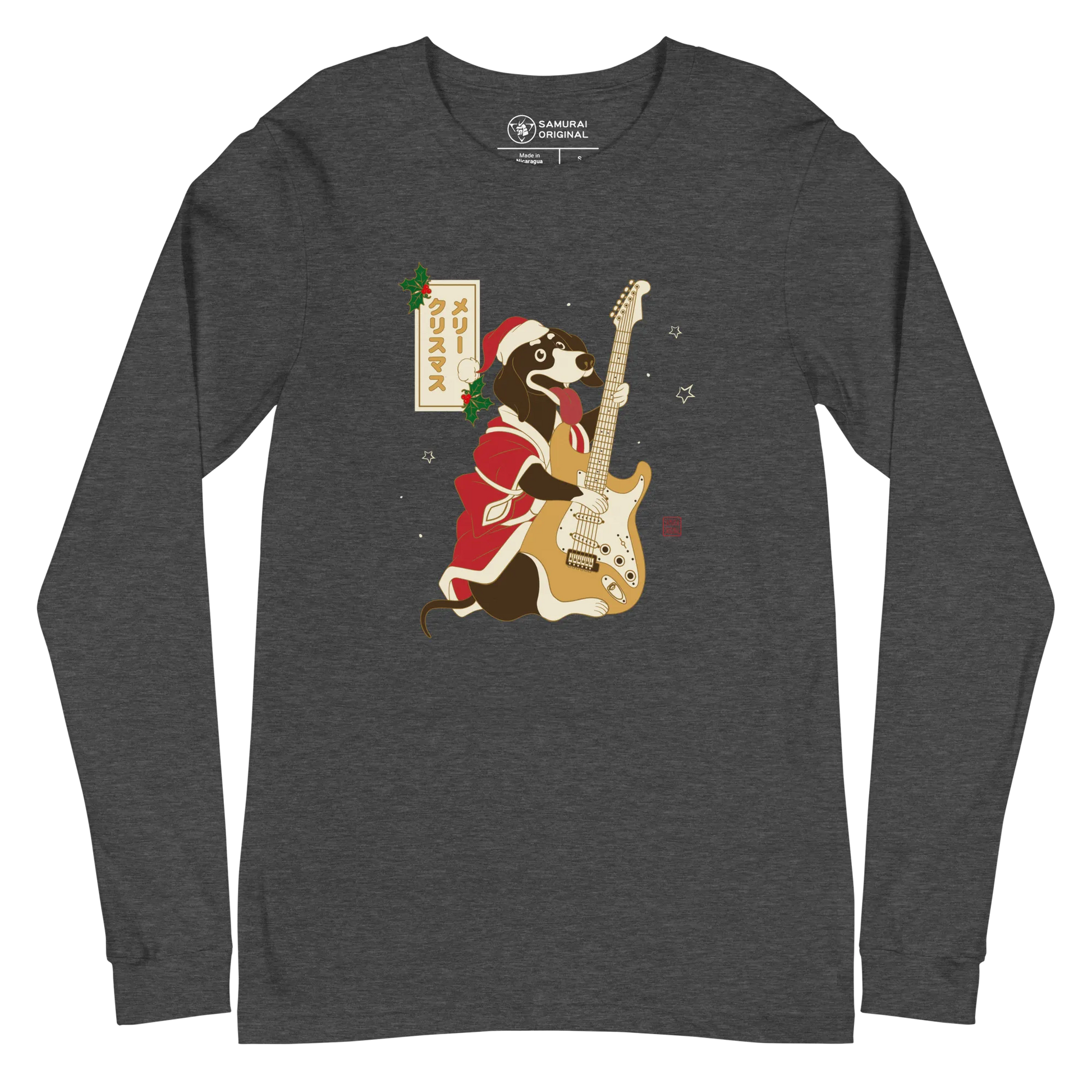 Dachshund Play Guitar Christmas Japanese Ukiyo-e Unisex Long Sleeve Tee - Dark Grey Heather / S