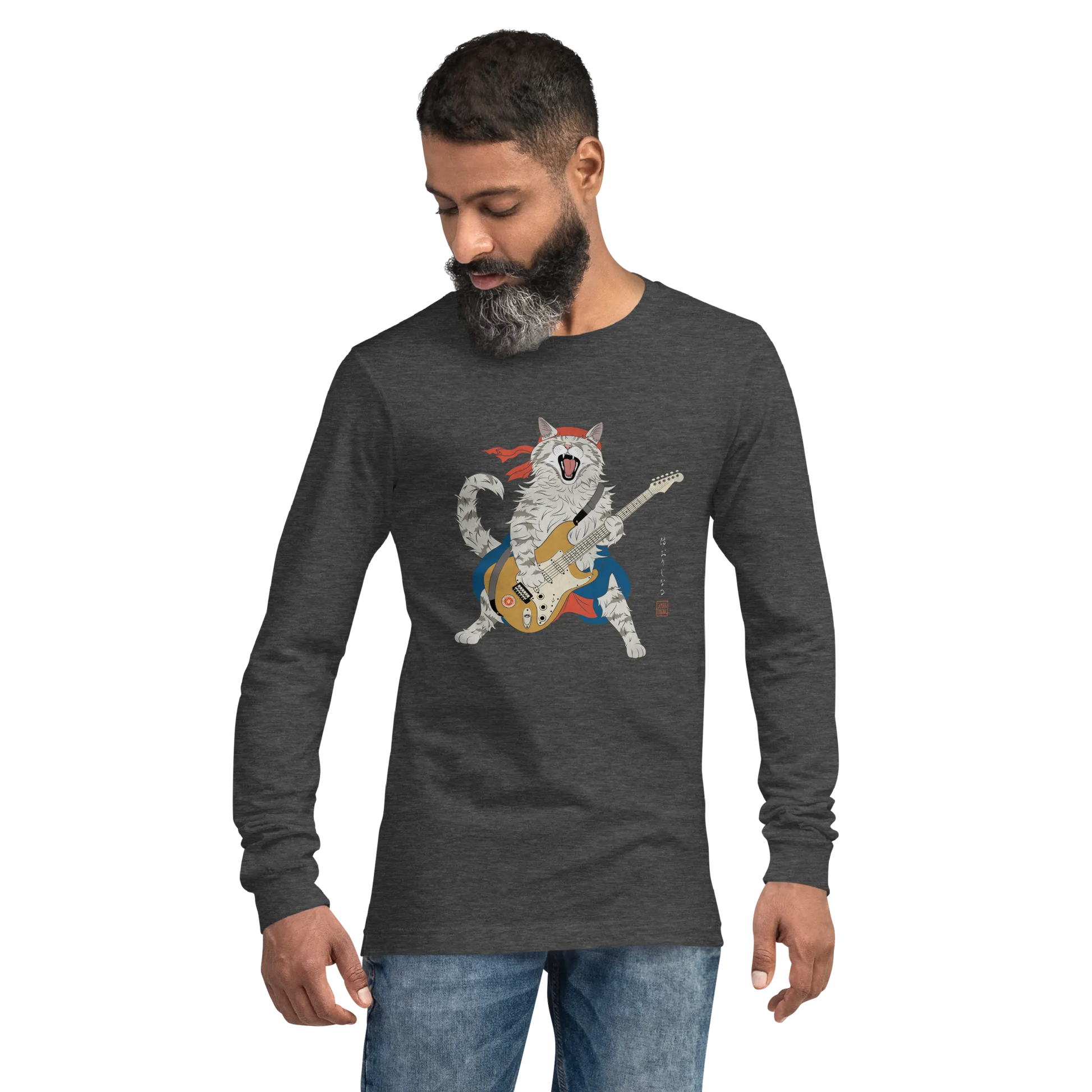 Cat Playing Guitar Japanese Ukiyo-e Unisex Long Sleeve Tee -