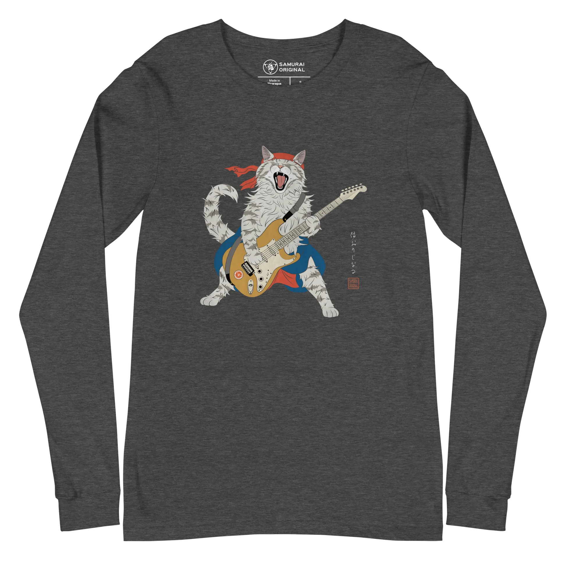 Cat Playing Guitar Japanese Ukiyo-e Unisex Long Sleeve Tee - Dark Grey Heather / S