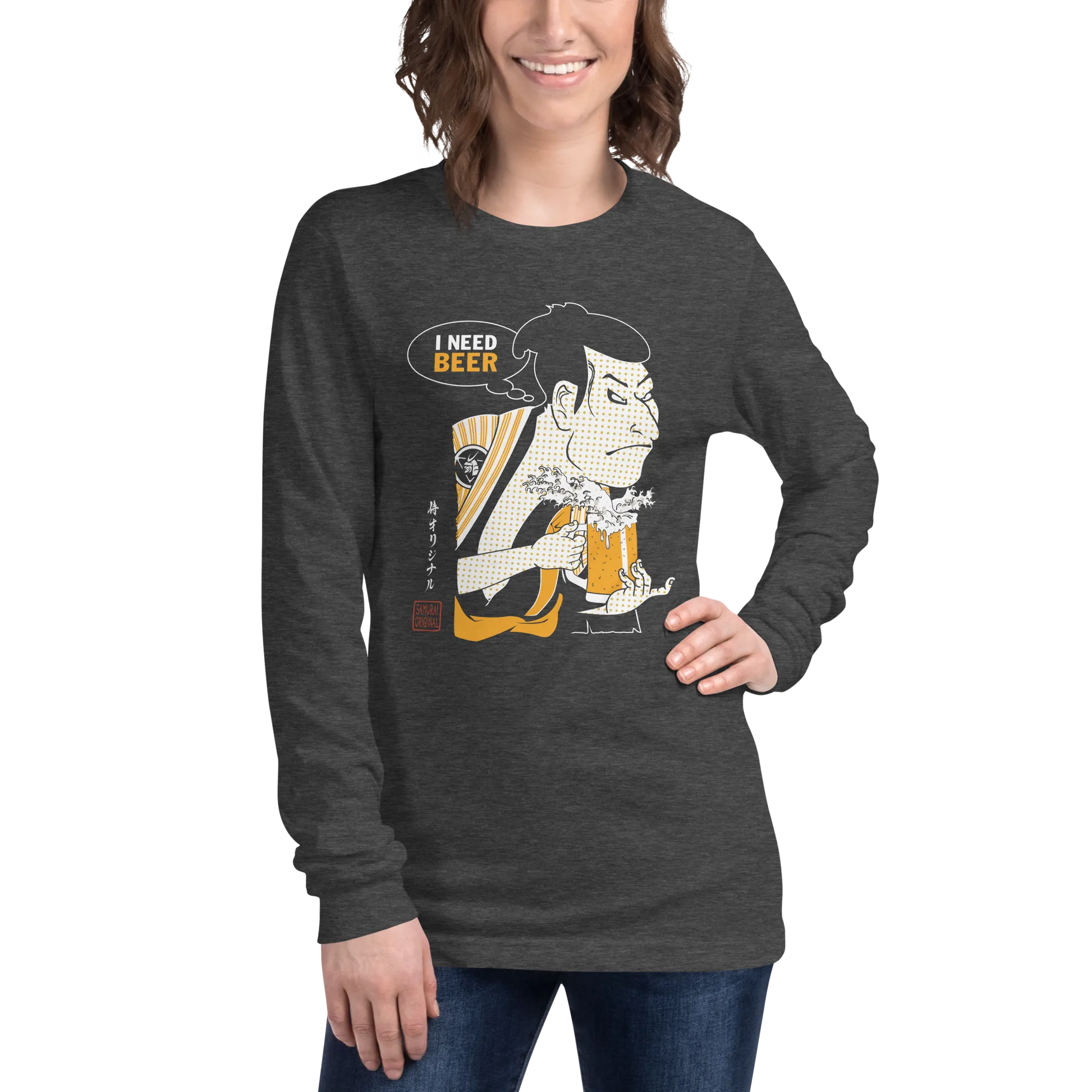 Samurai and Beer I Need Beer Japanese Ukiyo-e Unisex Long Sleeve Tee - Samurai Original