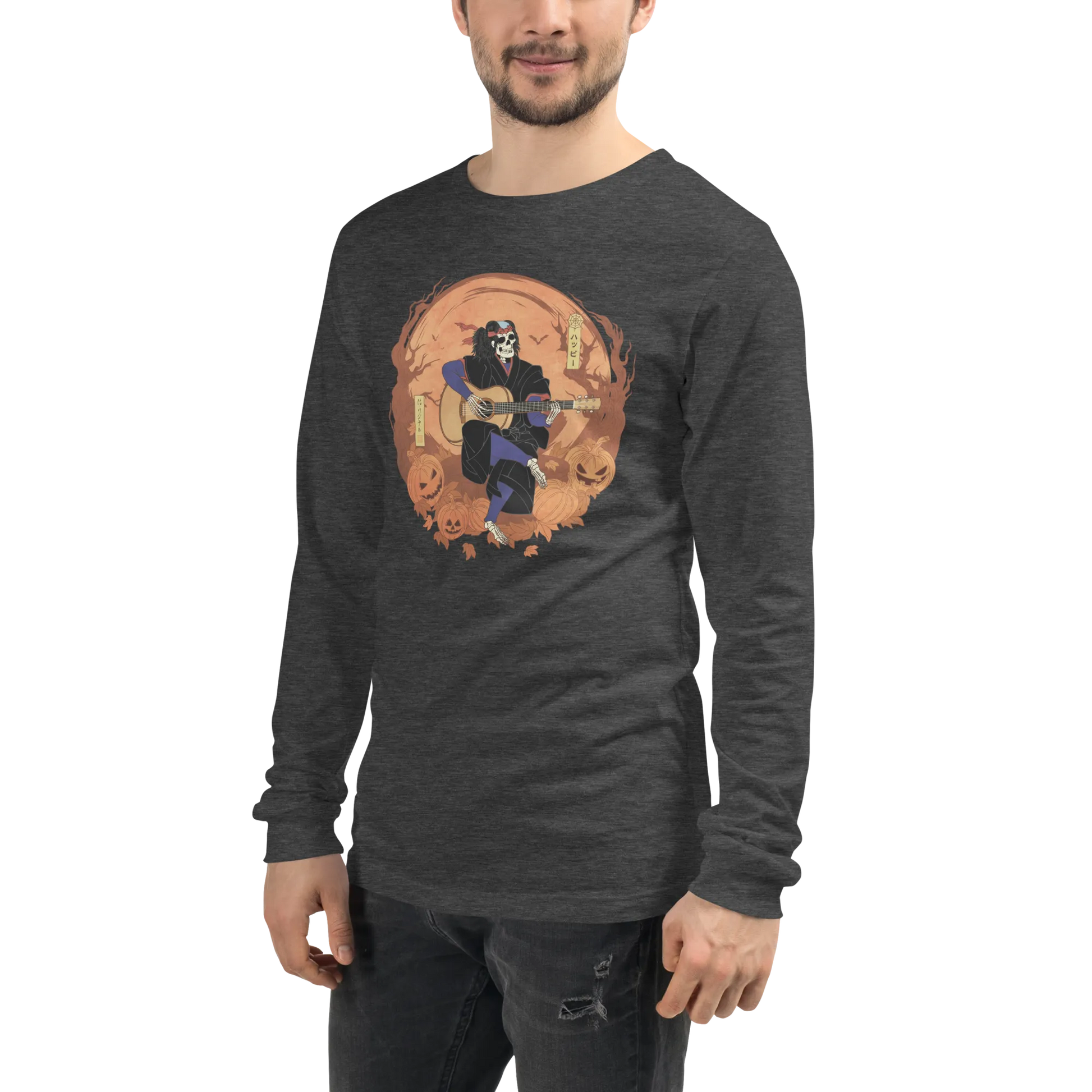 Halloween Skeleton Play Guitar Japanese Ukiyo-e Unisex Long Sleeve Tee -