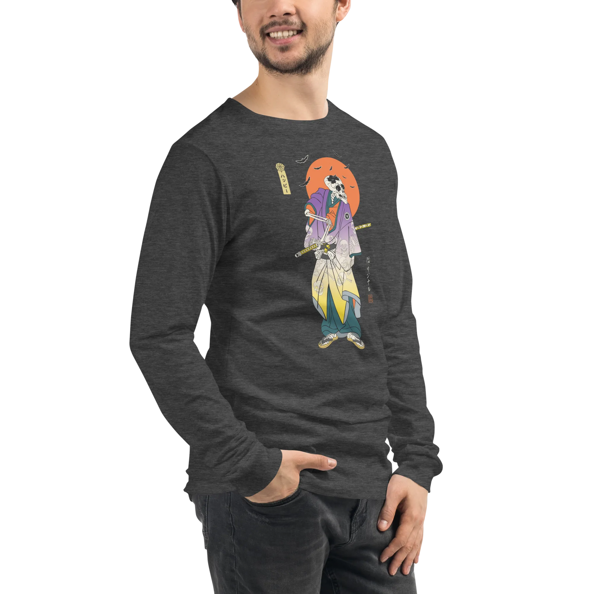 Halloween Samurai Skeleton Japanese Ukiyo-e Unisex Long Sleeve Tee -