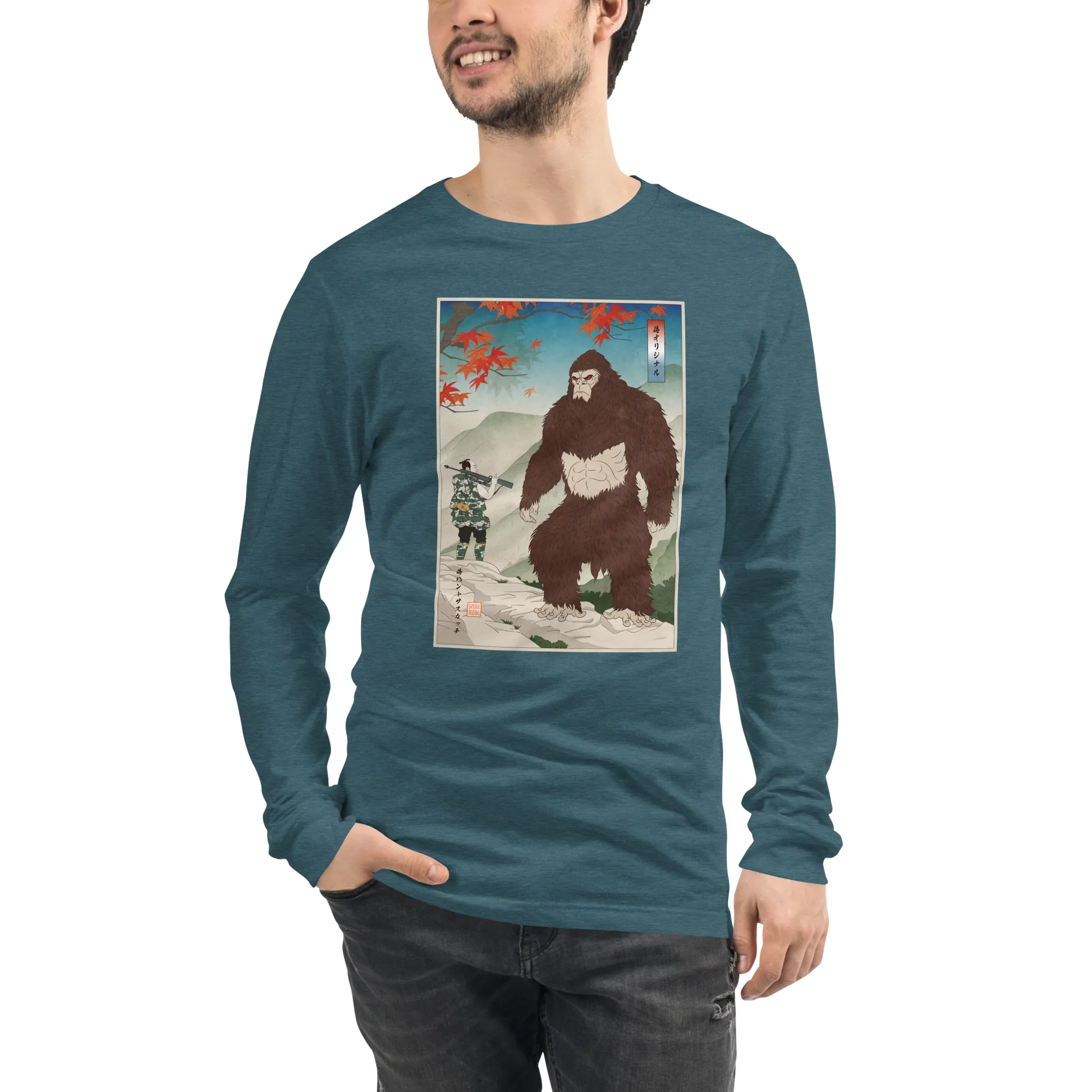 Samurai Hunts Sasquatch Japanese Ukiyo-e Unisex Long Sleeve Tee -