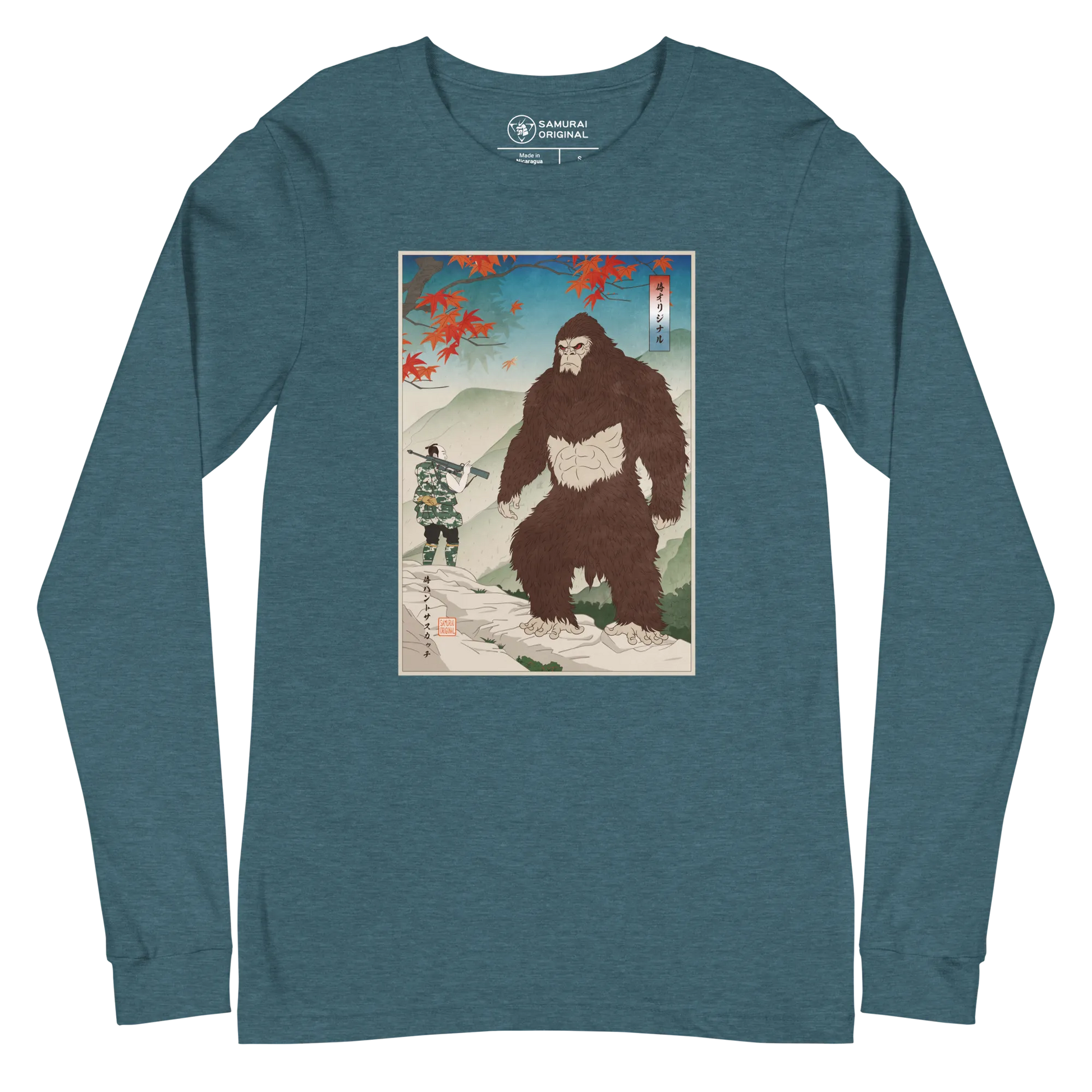 Samurai Hunts Sasquatch Japanese Ukiyo-e Unisex Long Sleeve Tee - Heather Deep Teal / S