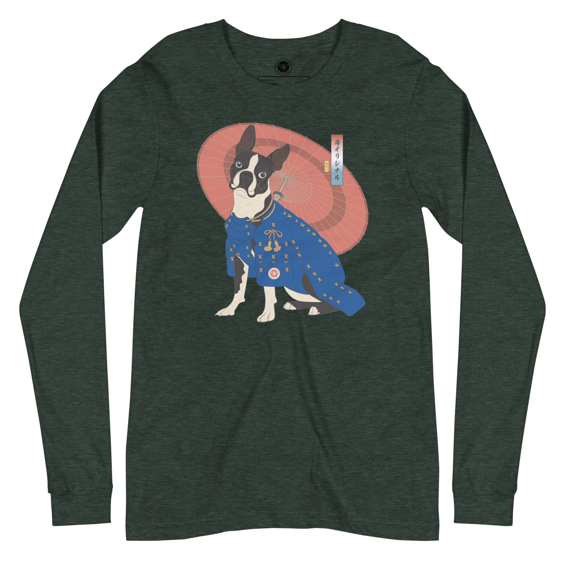 Boston Terrier Funny Dog Japanese Ukiyo-e Unisex Long Sleeve Tee 2 - Heather Forest / S