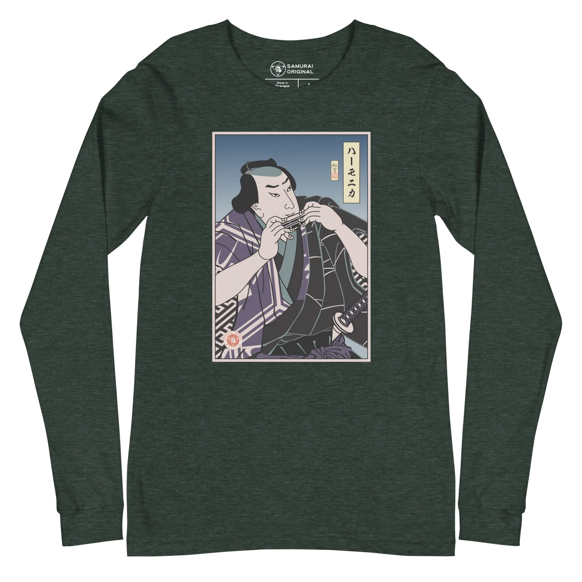 Samurai Harmonica Player Music Ukiyo-e Unisex Long Sleeve Tee - Heather Forest / S