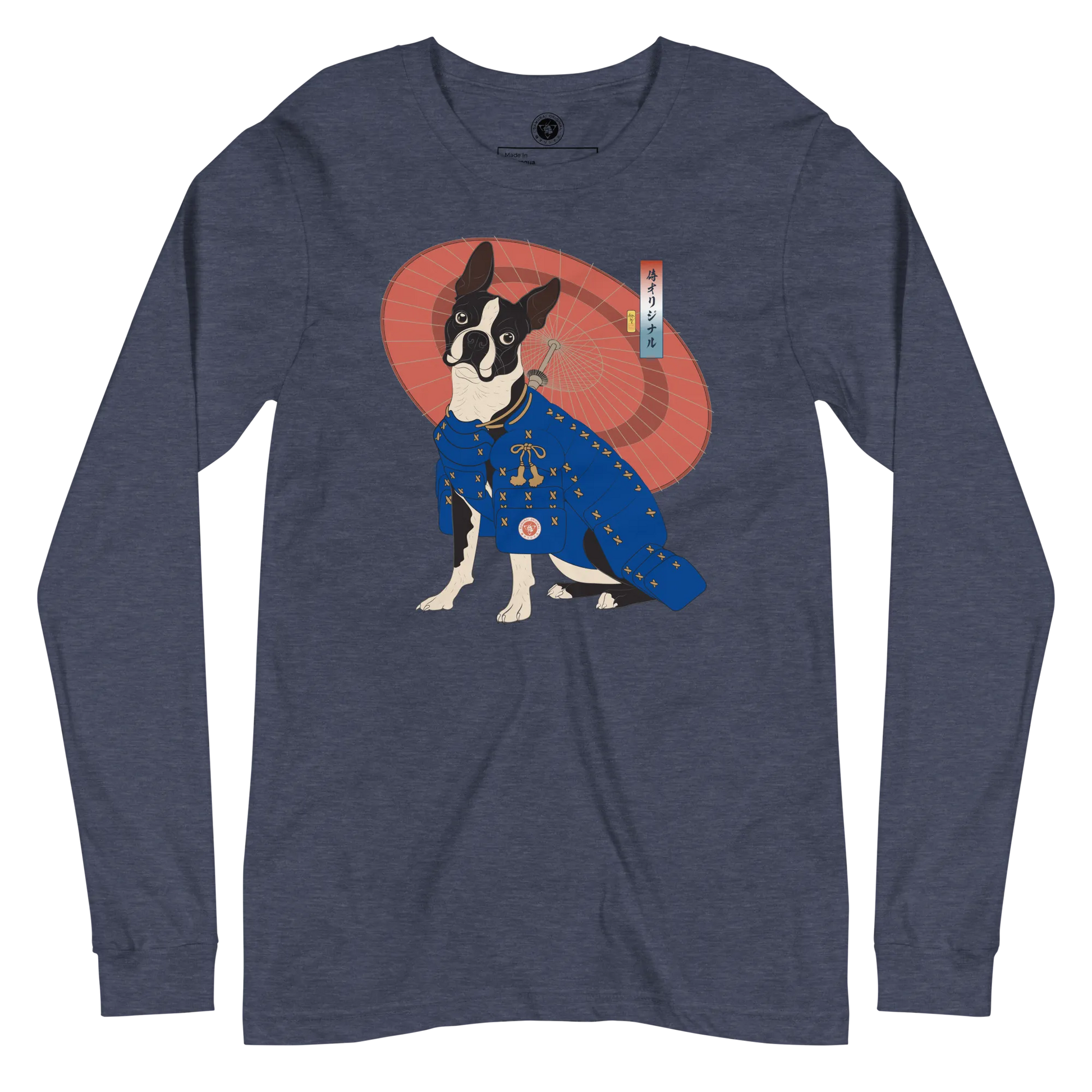 Boston Terrier Funny Dog Japanese Ukiyo-e Unisex Long Sleeve Tee 2 - Heather Navy / S