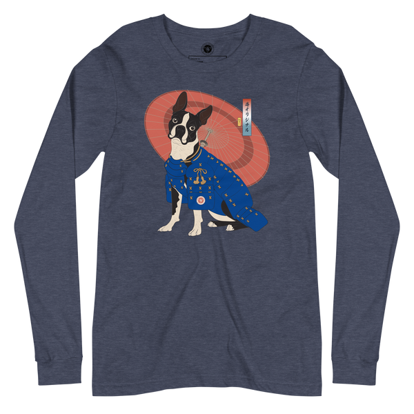 Boston Terrier Funny Dog Japanese Ukiyo-e Unisex Long Sleeve Tee 2 - Heather Navy / S