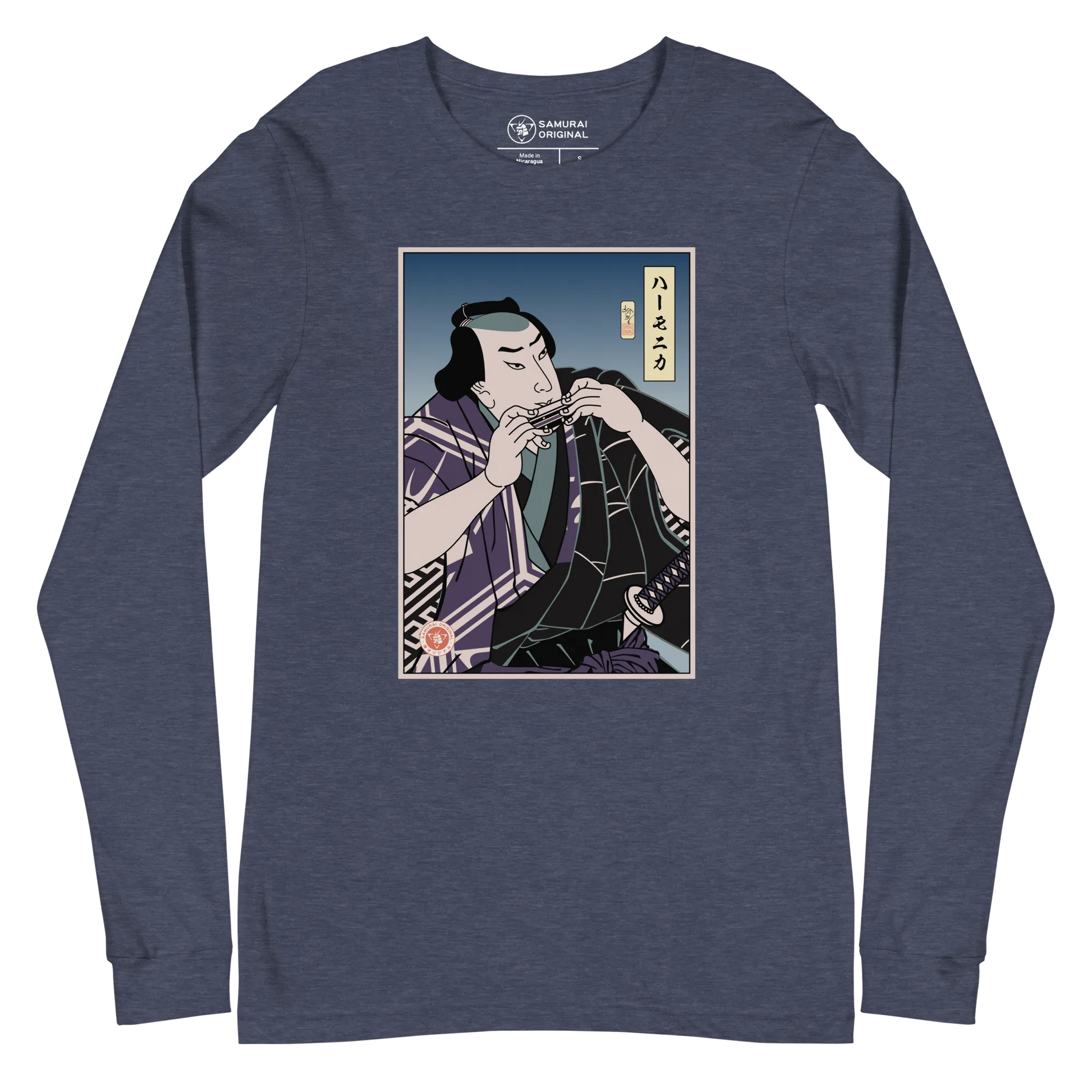 Samurai Harmonica Player Music Ukiyo-e Unisex Long Sleeve Tee - Heather Navy / S