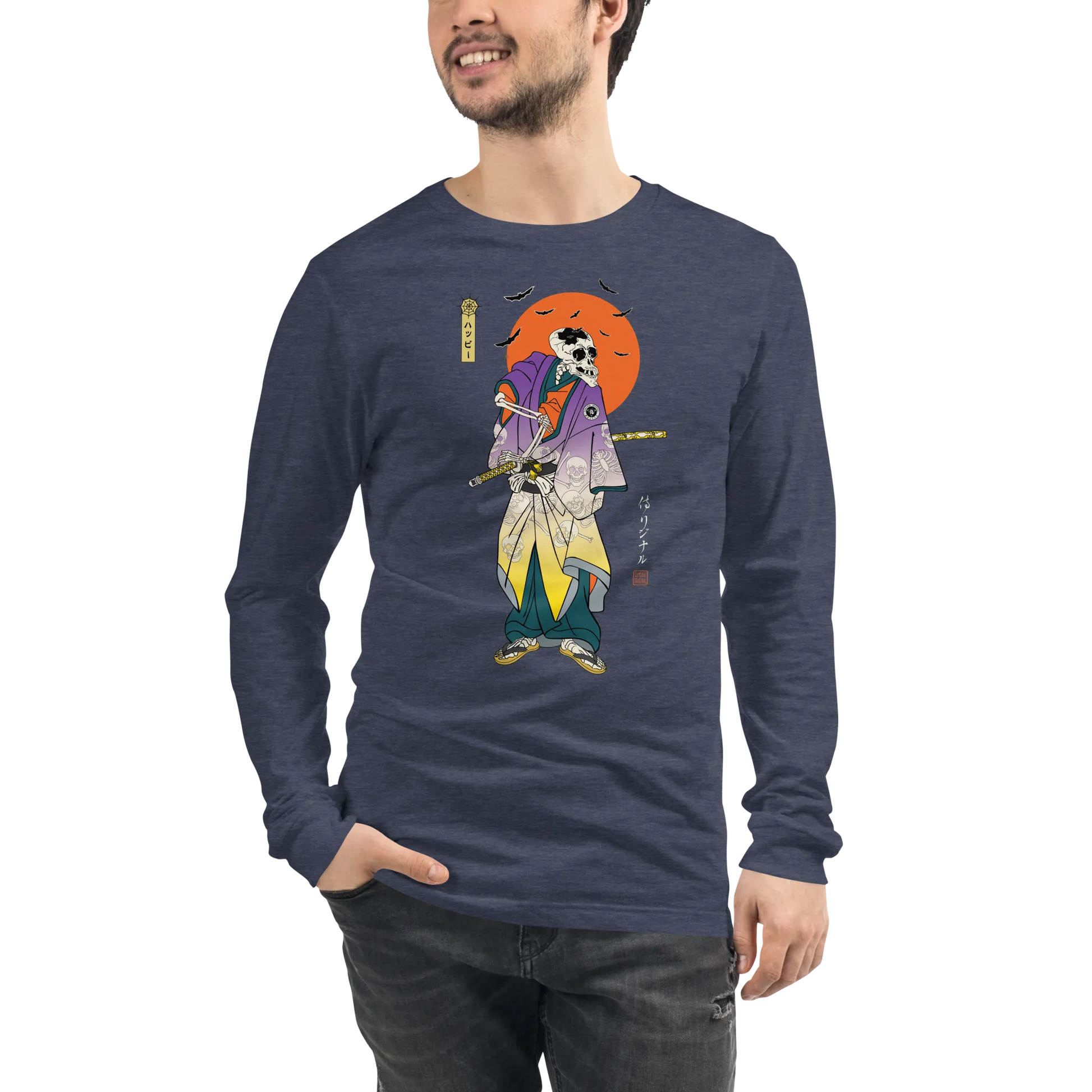 Halloween Samurai Skeleton Japanese Ukiyo-e Unisex Long Sleeve Tee -