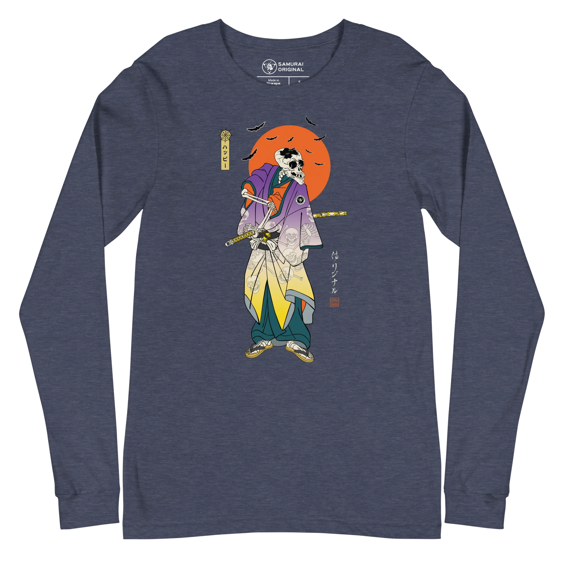 Halloween Samurai Skeleton Japanese Ukiyo-e Unisex Long Sleeve Tee - Heather Navy / S