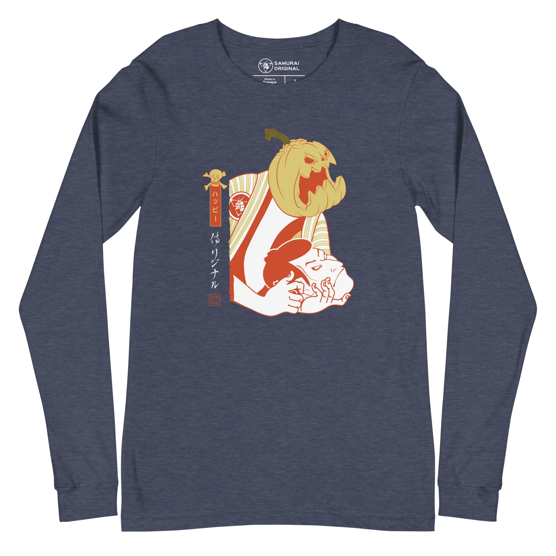 Halloween Pumpkin Japanese Ukiyo-e Unisex Long Sleeve Tee - Heather Navy / S