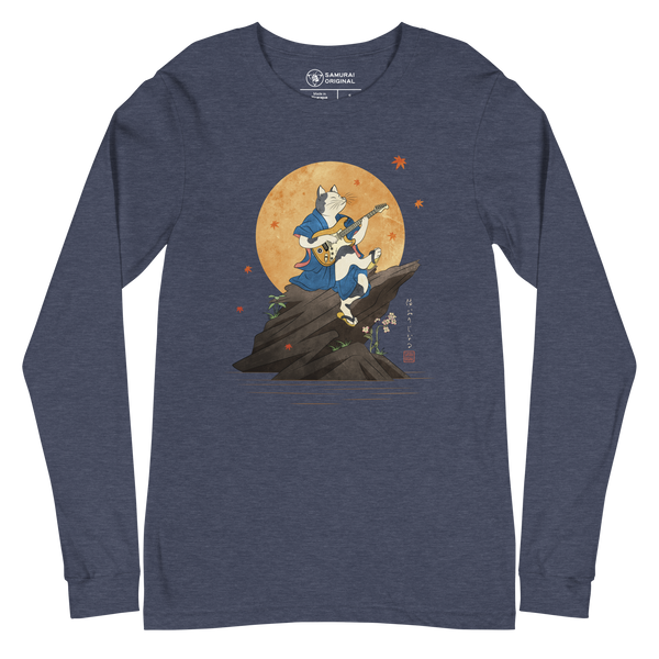 Cat Playing Guitar Japanese Ukiyo-e Long Sleeve Tee 2 - Heather Navy / S