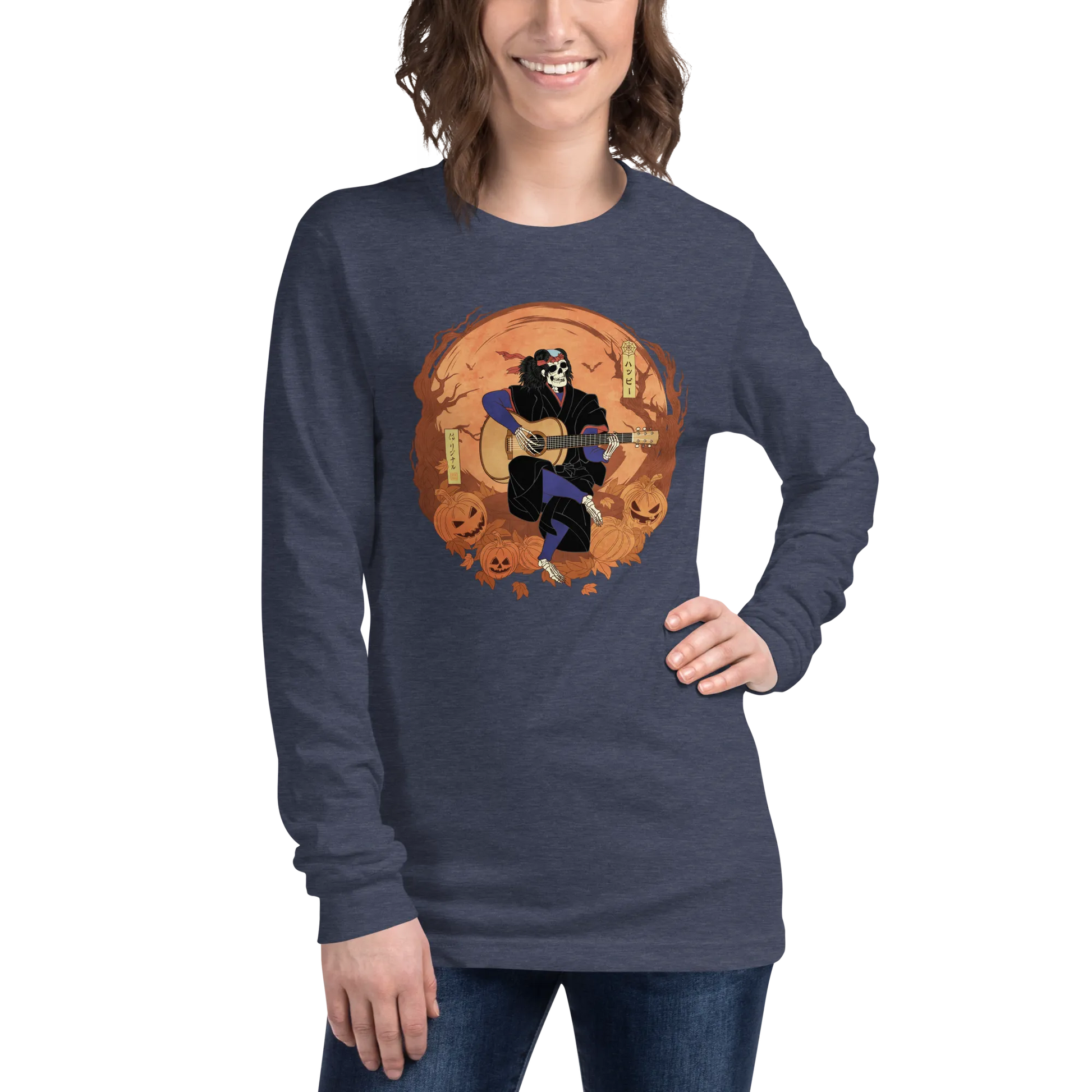 Halloween Skeleton Play Guitar Japanese Ukiyo-e Unisex Long Sleeve Tee -