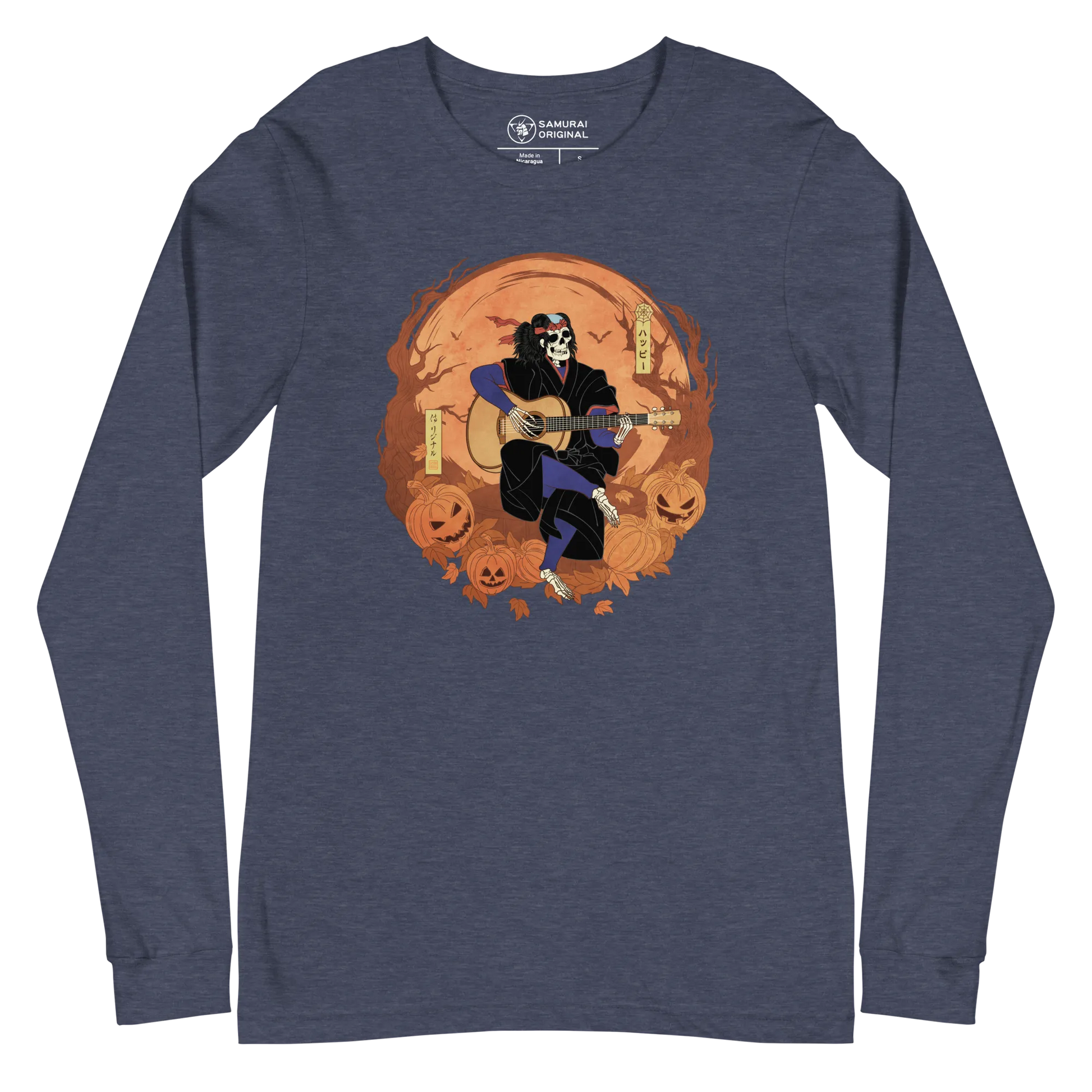 Halloween Skeleton Play Guitar Japanese Ukiyo-e Unisex Long Sleeve Tee - Heather Navy / S