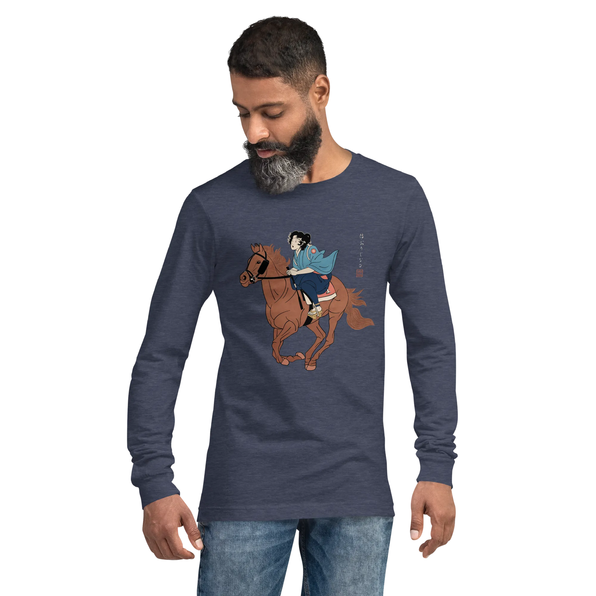 Onna Bugeisha Riding Horse Japanese Ukiyo-e Unisex Long Sleeve Tee - Samurai Original