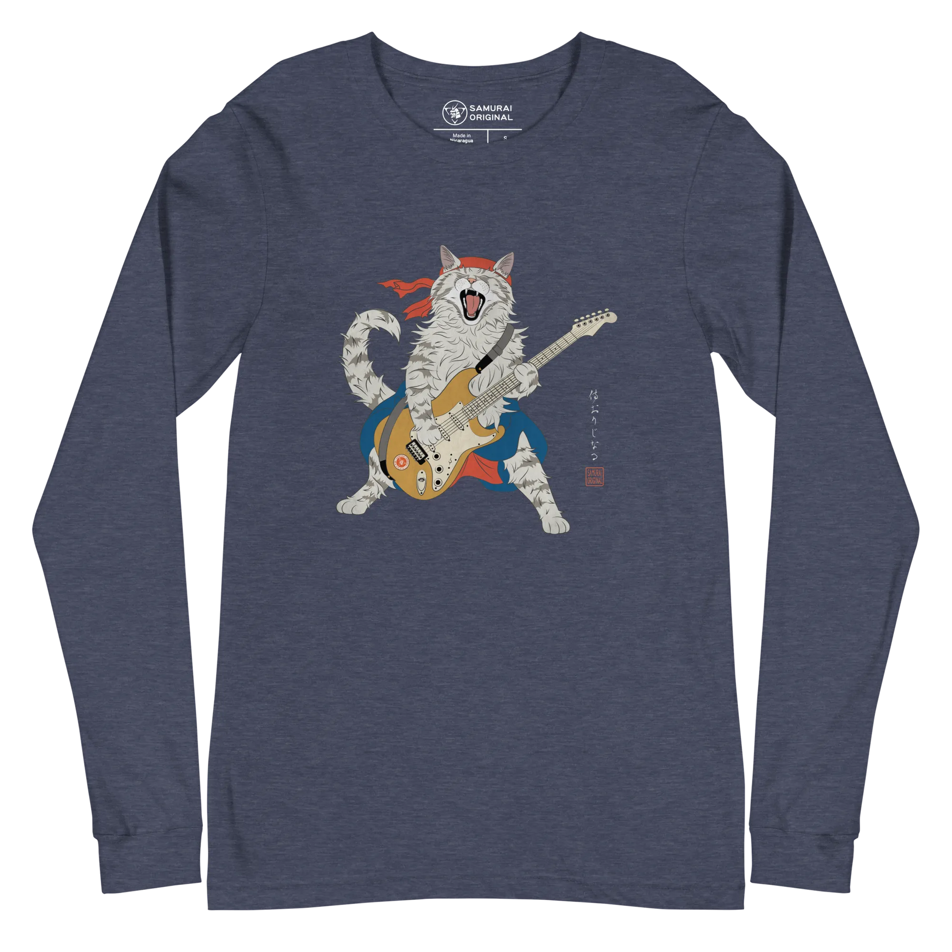 Cat Playing Guitar Japanese Ukiyo-e Unisex Long Sleeve Tee - Heather Navy / S