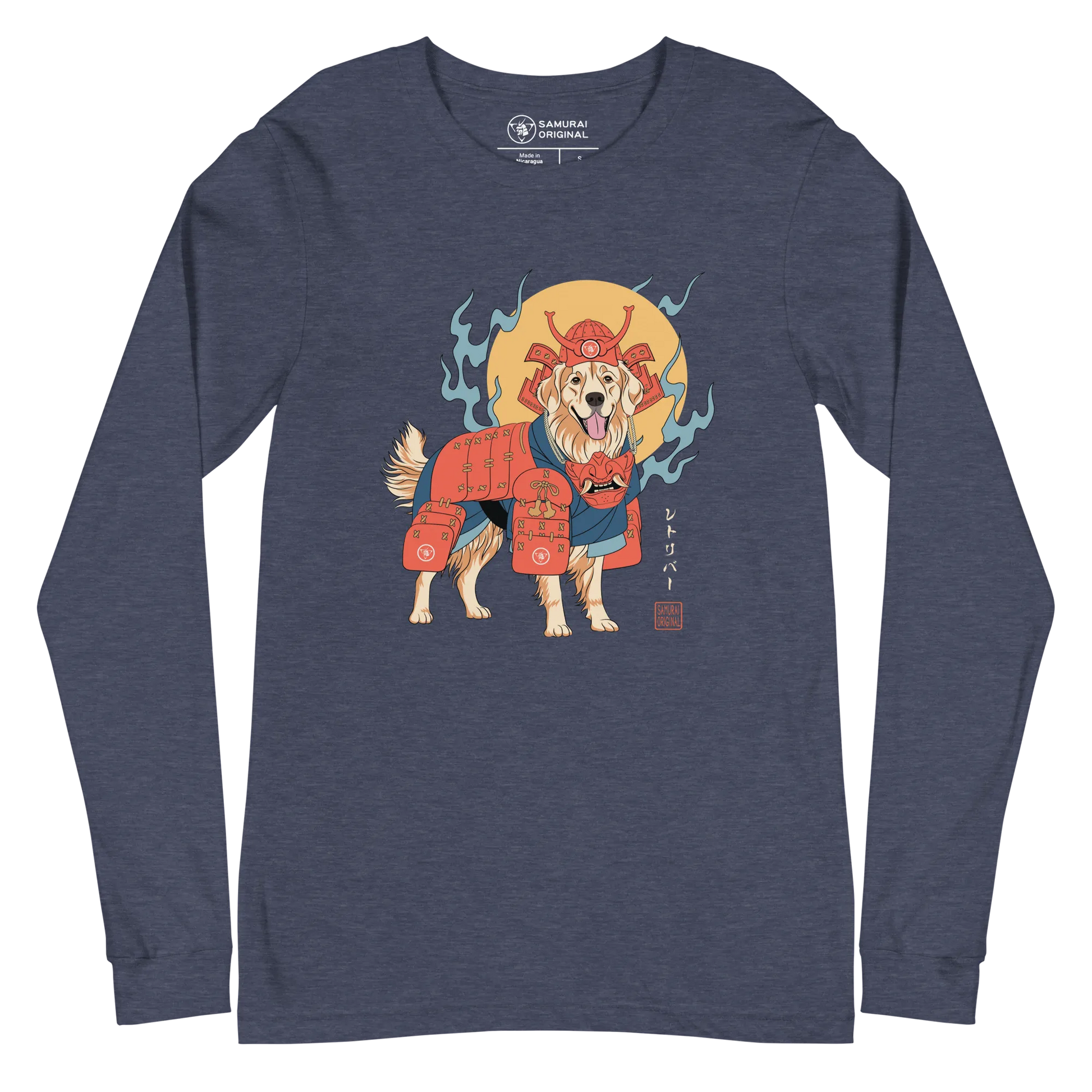 Golden Retriever Japanese Ukiyo-e Unisex Long Sleeve Tee - Heather Navy / S