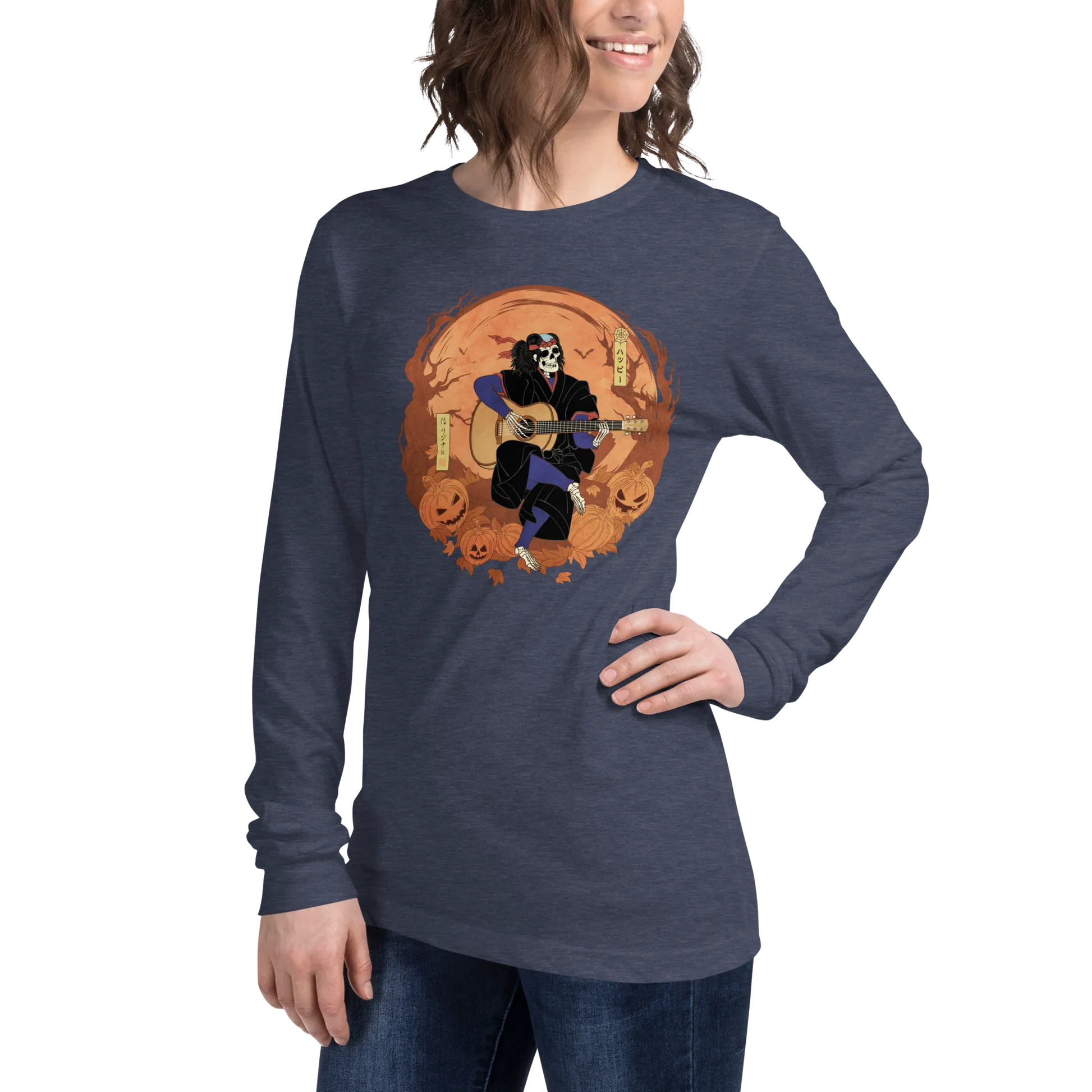 Halloween Skeleton Play Guitar Japanese Ukiyo-e Unisex Long Sleeve Tee -