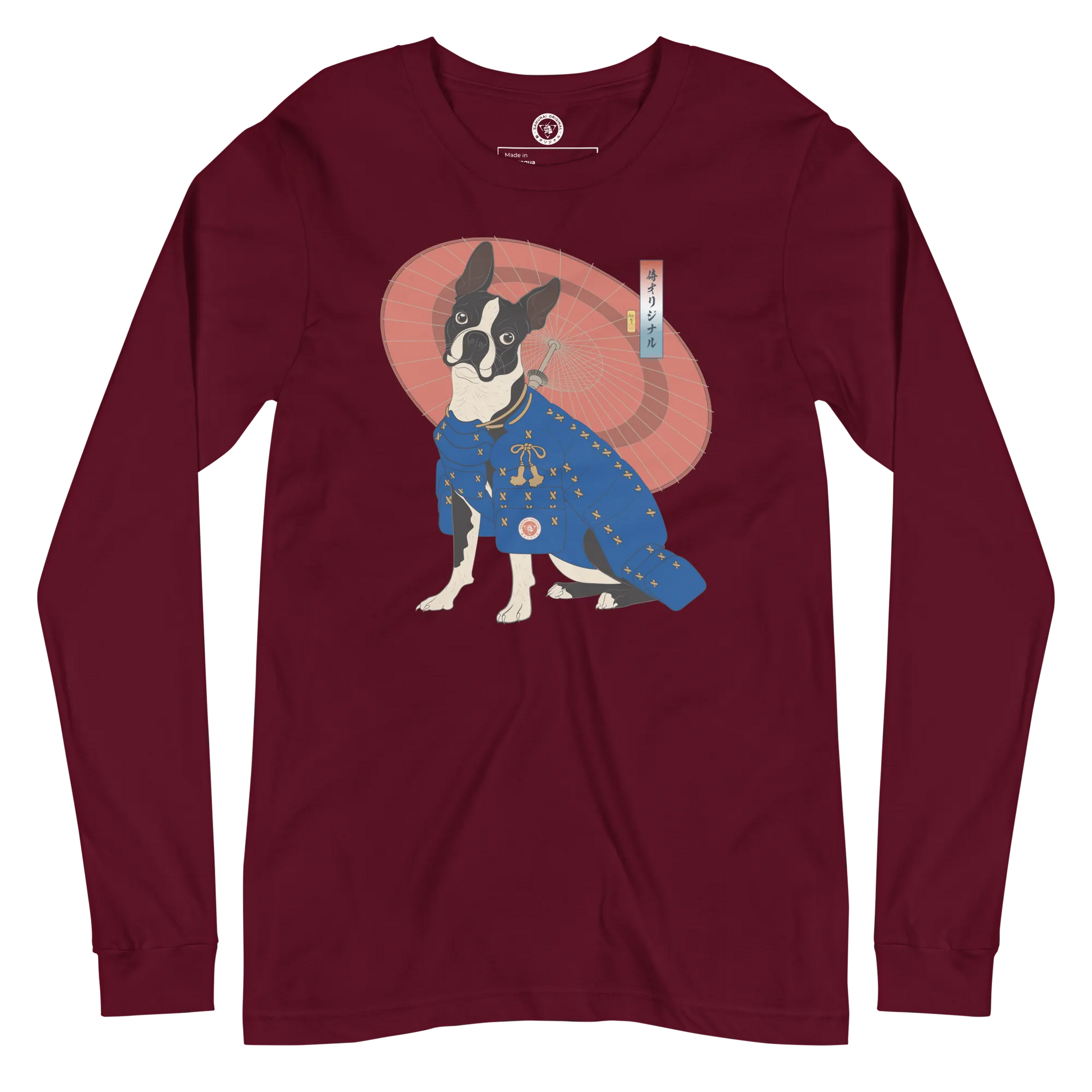 Boston Terrier Funny Dog Japanese Ukiyo-e Unisex Long Sleeve Tee 2 - Maroon / S