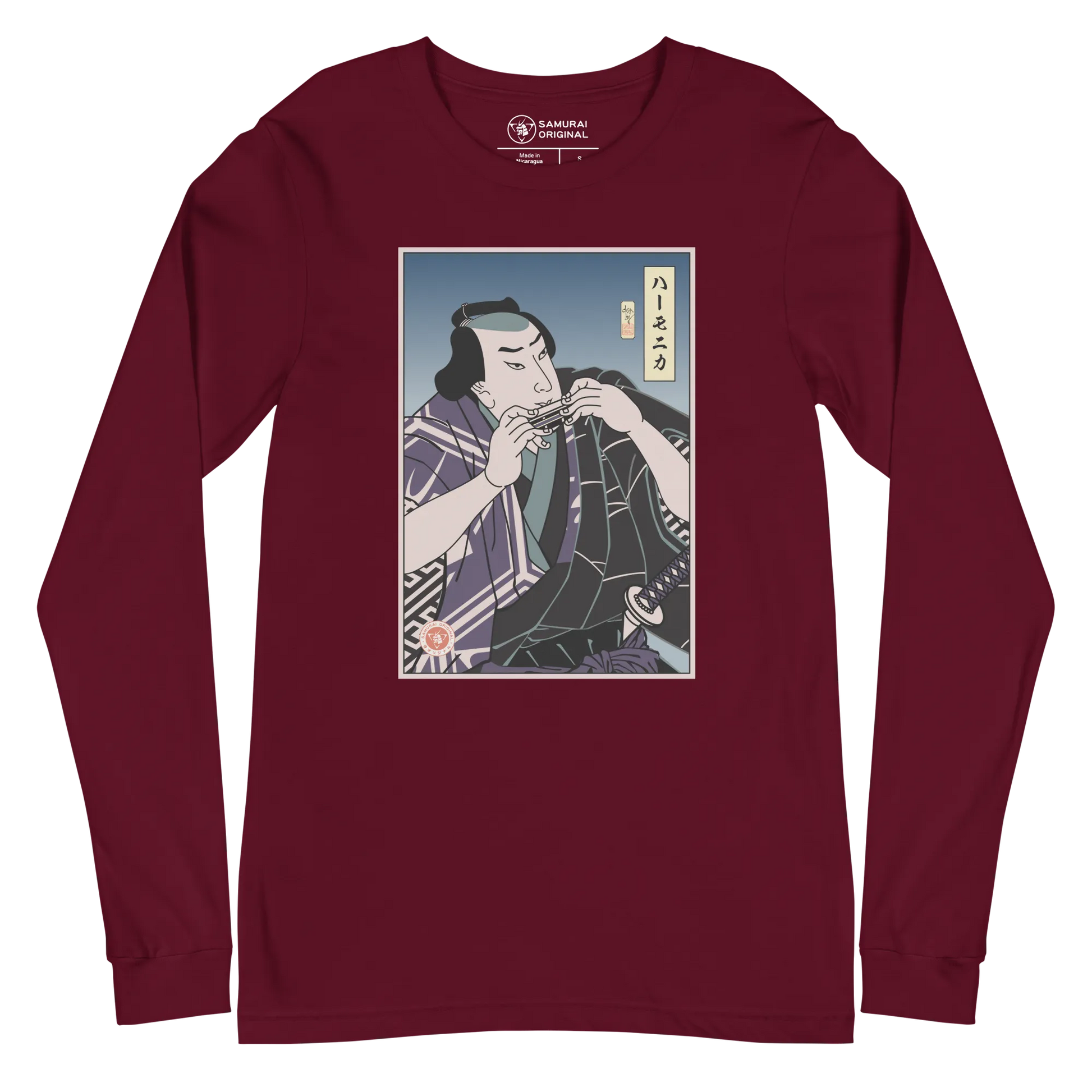 Samurai Harmonica Player Music Ukiyo-e Unisex Long Sleeve Tee - Maroon / S