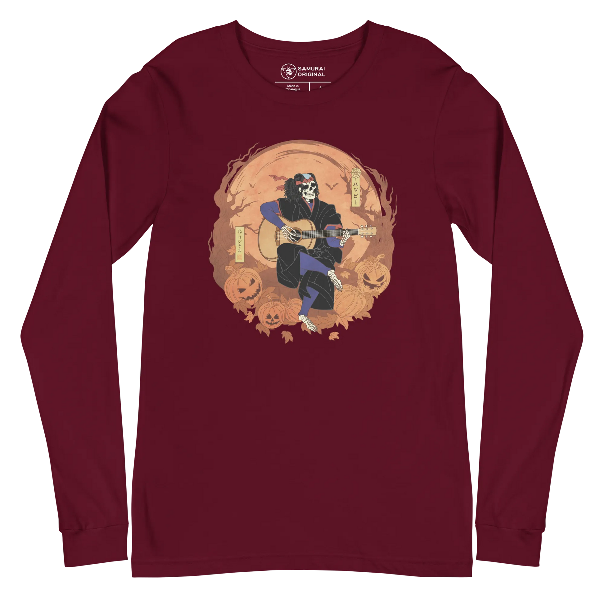 Halloween Skeleton Play Guitar Japanese Ukiyo-e Unisex Long Sleeve Tee - Maroon / S