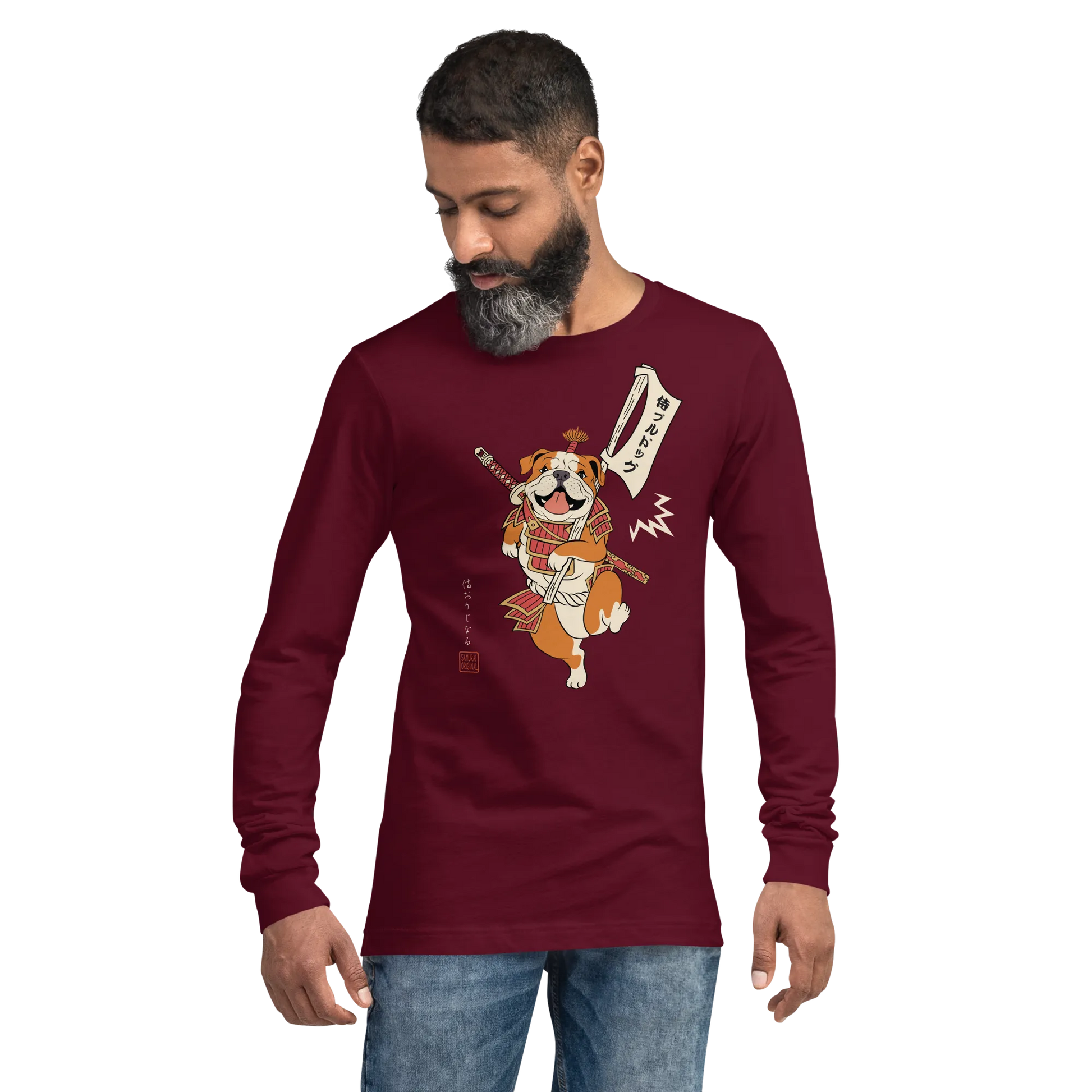 Samurai Bulldog Japanese Ukiyo-e Unisex Long Sleeve Tee 2 - Samurai Original