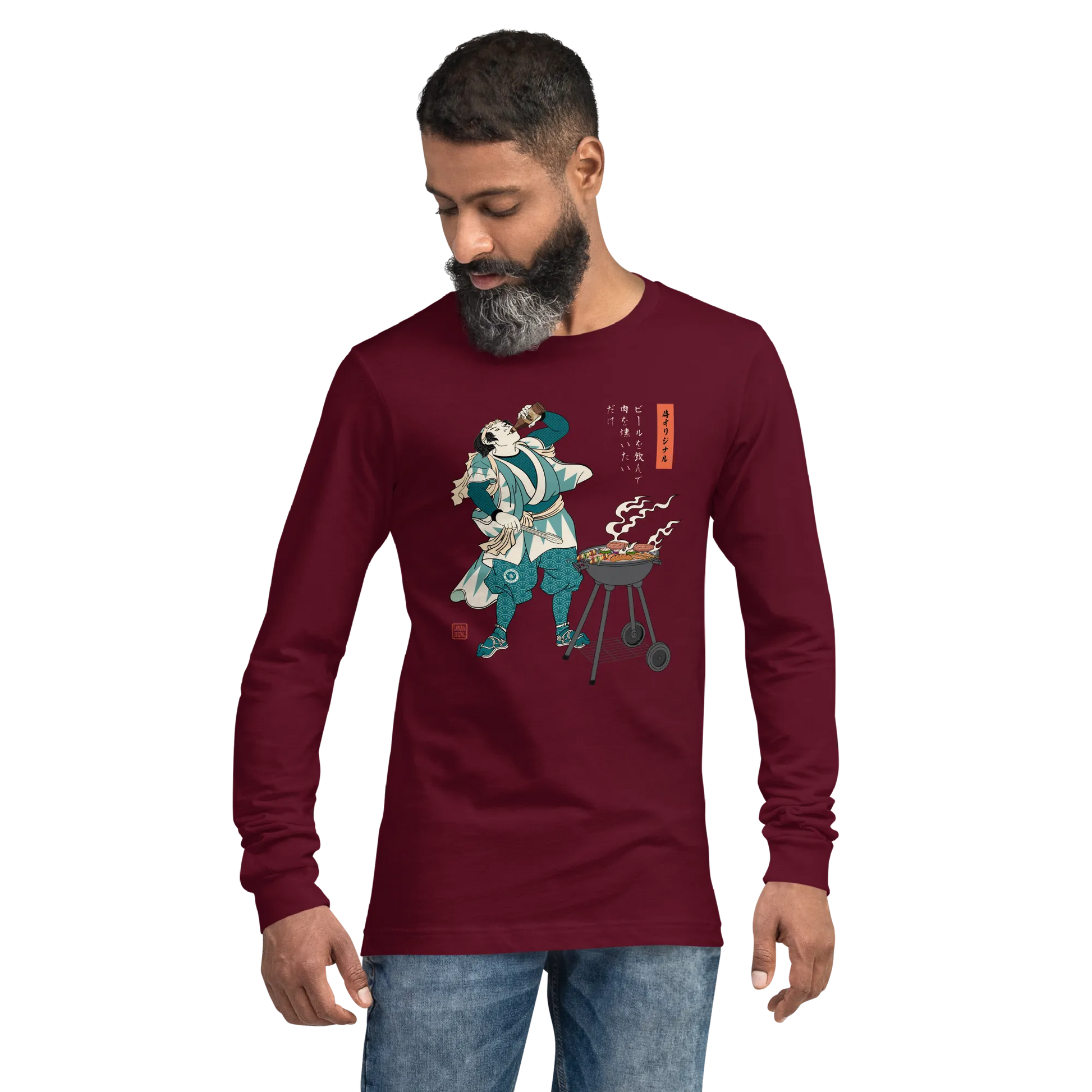 Samurai Beer and BBQ Japanese Ukiyo-e Unisex Long Sleeve Tee -