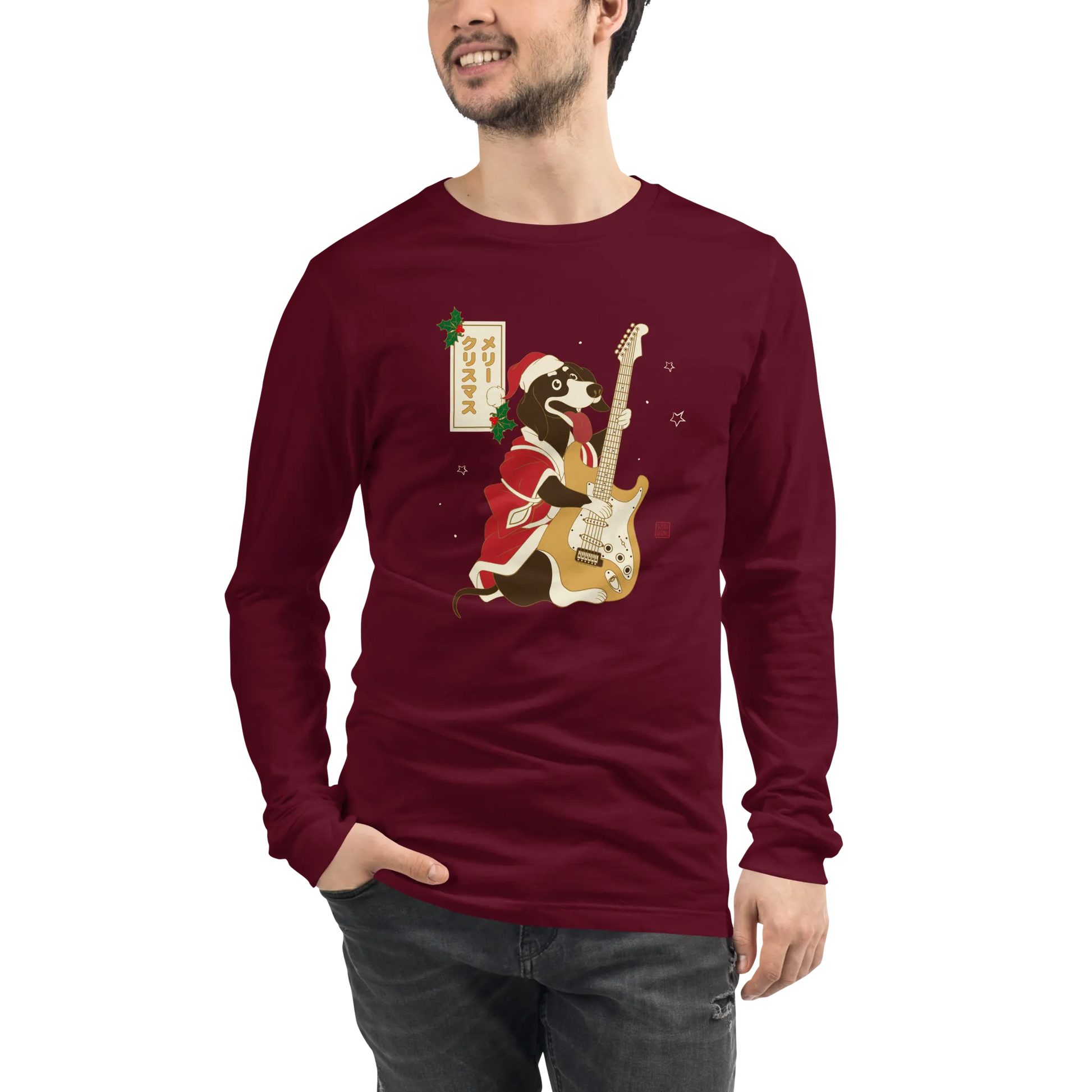 Dachshund Play Guitar Christmas Japanese Ukiyo-e Unisex Long Sleeve Tee -