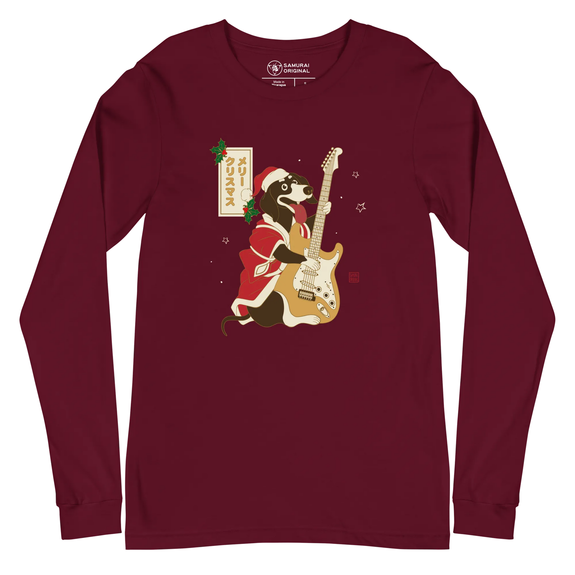 Dachshund Play Guitar Christmas Japanese Ukiyo-e Unisex Long Sleeve Tee - Maroon / S