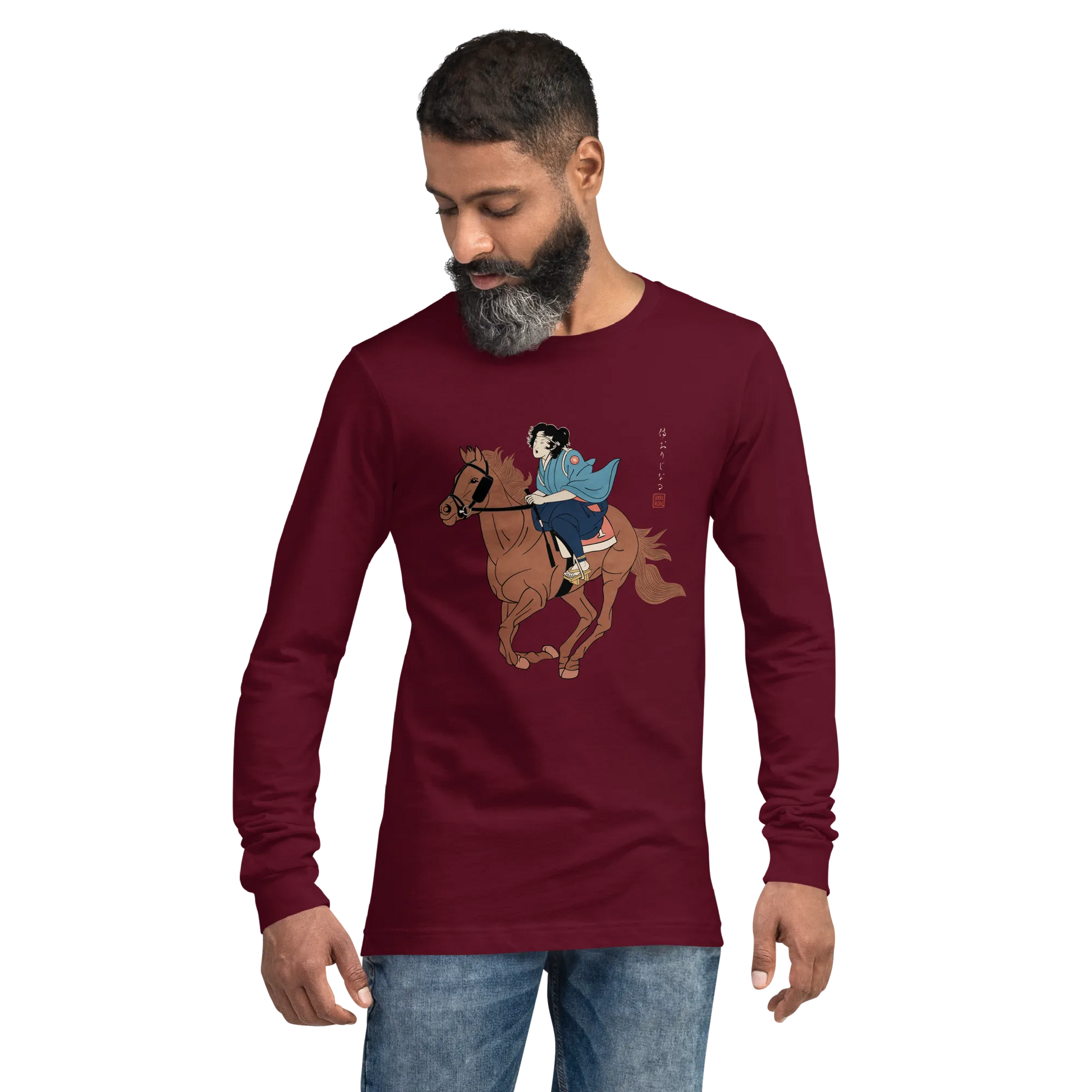 Onna Bugeisha Riding Horse Japanese Ukiyo-e Unisex Long Sleeve Tee - Samurai Original