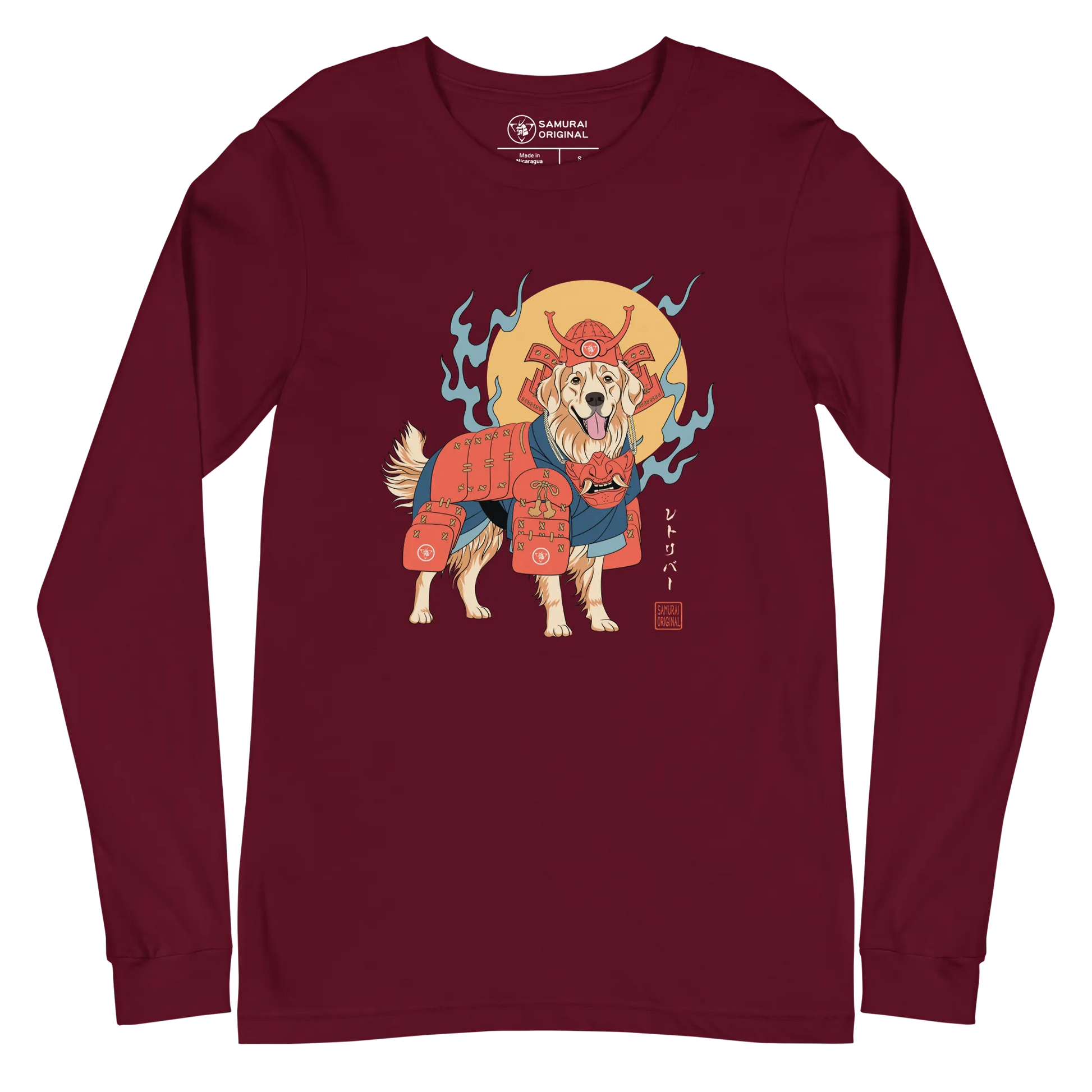 Golden Retriever Japanese Ukiyo-e Unisex Long Sleeve Tee - Maroon / S