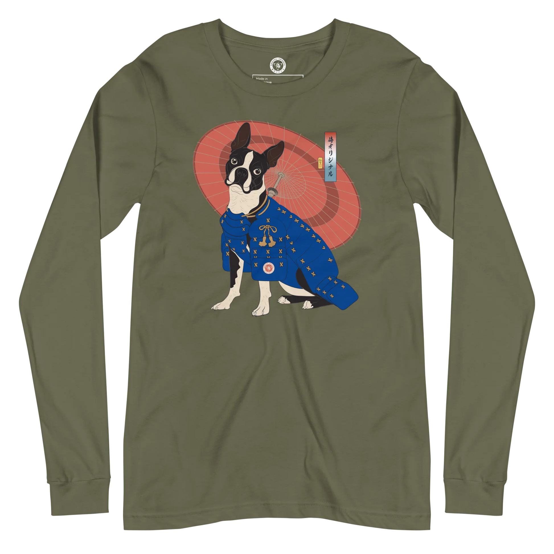 Boston Terrier Funny Dog Japanese Ukiyo-e Unisex Long Sleeve Tee 2 - Military Green / S