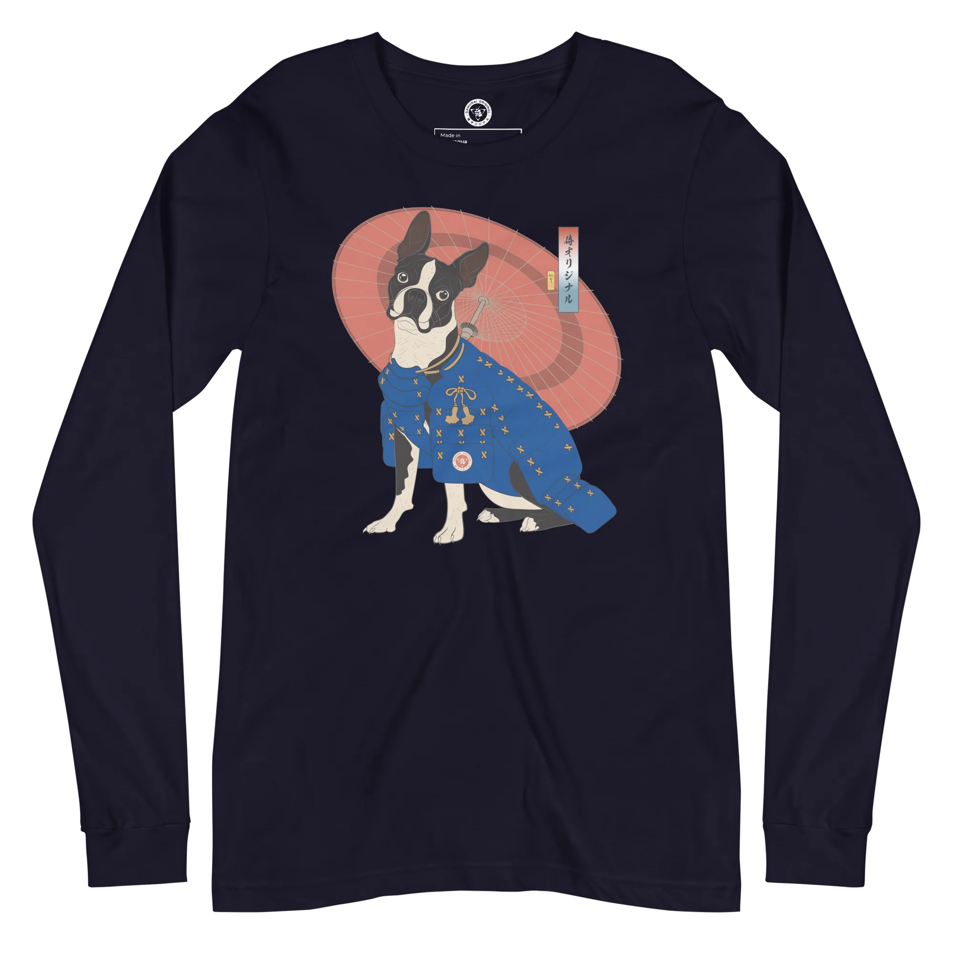 Boston Terrier Funny Dog Japanese Ukiyo-e Unisex Long Sleeve Tee 2 - Navy / S