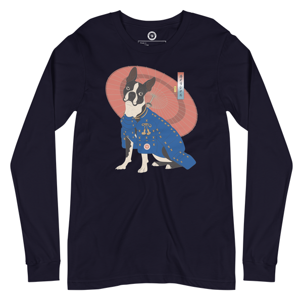 Boston Terrier Funny Dog Japanese Ukiyo-e Unisex Long Sleeve Tee 2 - Navy / S