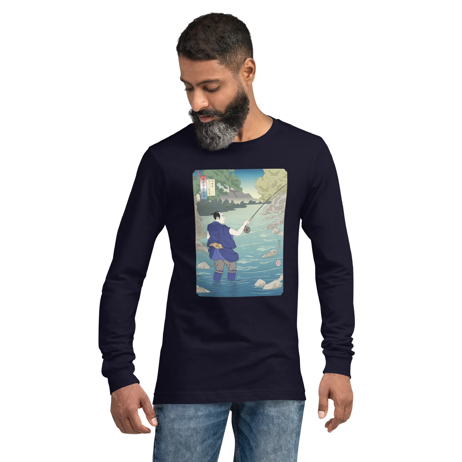 Samurai Fly Fishing Japanese Ukiyo-e Unisex Long Sleeve Tee - Samurai Original